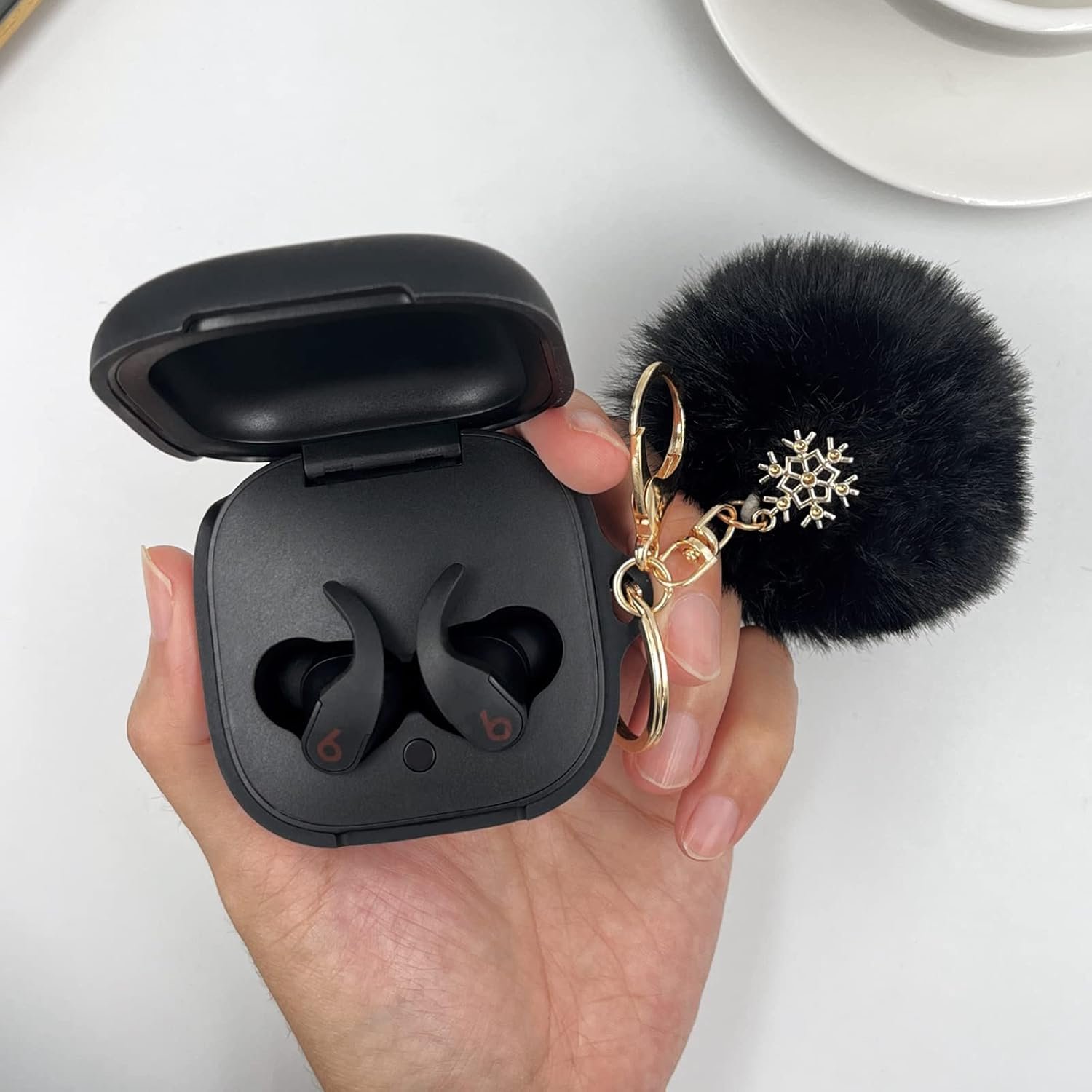 Case Compatible with Beats Fit Pro Soft Silicone Case for Beats Fit Pro 2021 with Cute Pompom Keychain (Black) - Image 5
