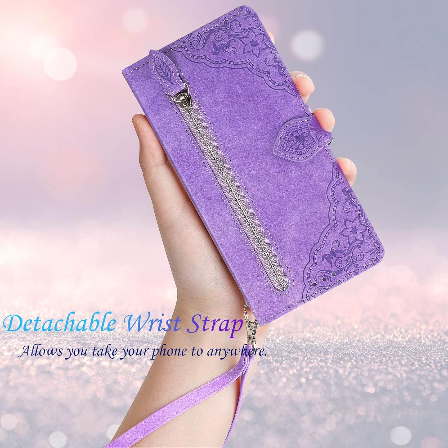 for Samsung Galaxy A14 Case Wallet,A14 Wallet Case for Women,Embossed PU Leather Protective Cover Magnetic Strap Zipper Card Holder Flip Phone Case for Samsung A14 5G(2023) (Purple) - Image 7