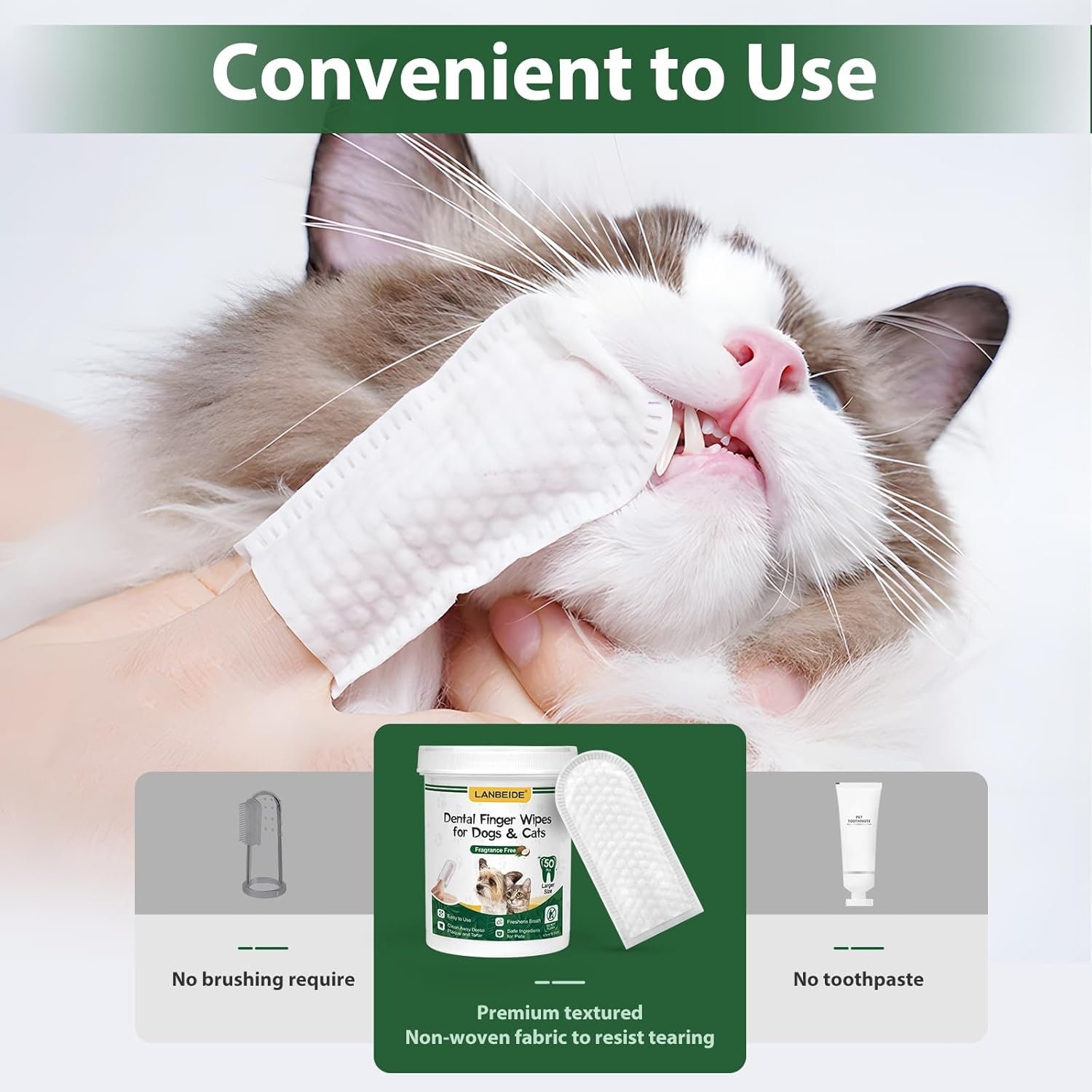 LANBEIDE Updated Larger Pet Teeth Cleaning Wipes for Dogs & Cats, Dog Dental Wipes No-Rinse Dog Finger Toothbrush for Reducing Plaque & Tartar, Breath Freshener Dental and Gum Care Pet Wipes 50 Counts - Image 7