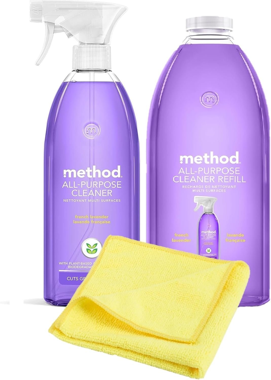 Method All Purpose Cleaner Lavender, Method Multipurpose Cleaner Refill 68 oz. and Cleaner Spray Bottle 28 oz. with Microfiber Towel - Image 2
