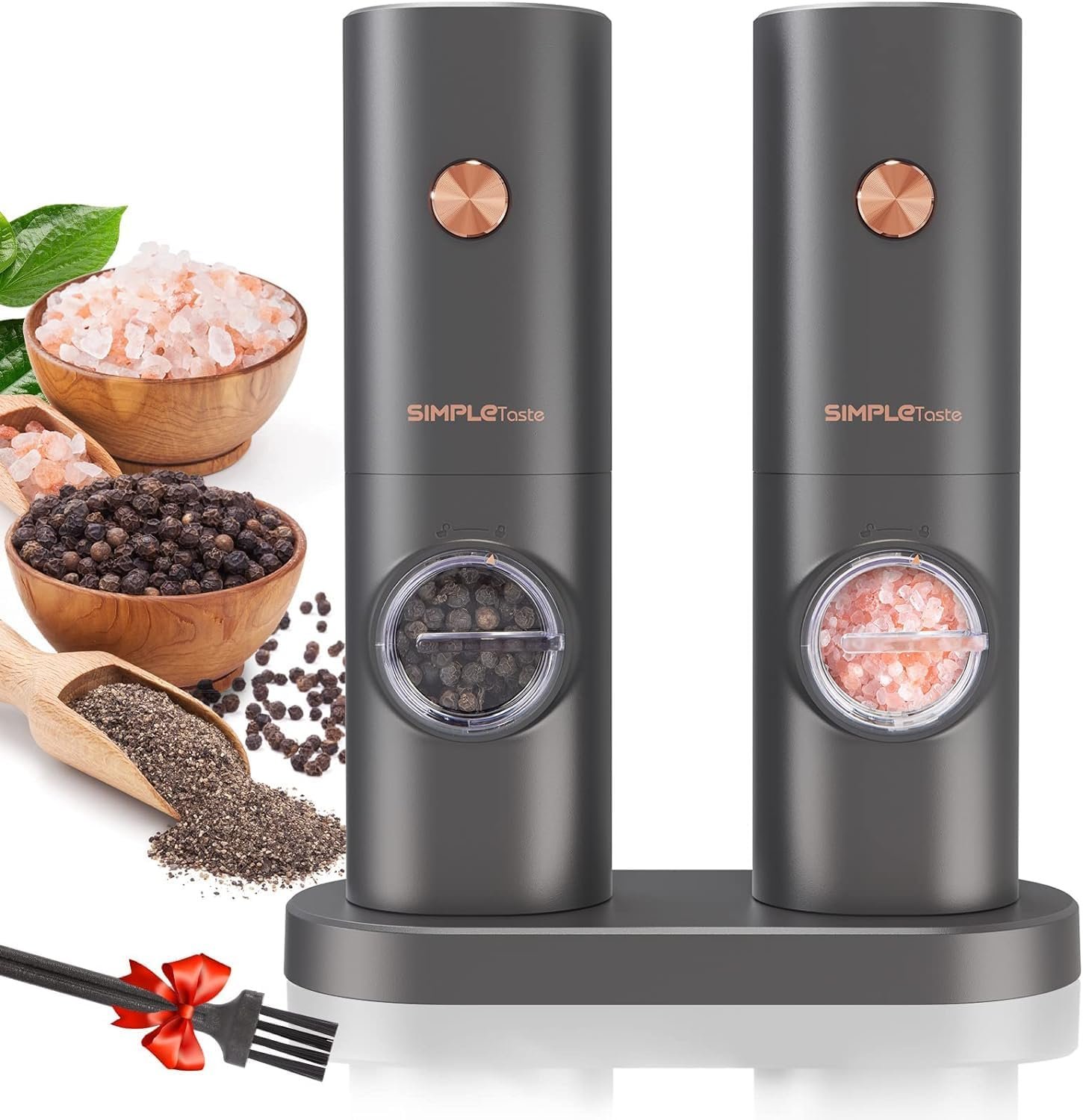 SIMPLETASTE Electric Salt and Pepper Grinder Set, One-Handed, Battery Powered, Adjustable Coarseness, LED Light, Pepper mills with stand, Seasoning Tools for Kitchen, Dining or Gifting - Image 2