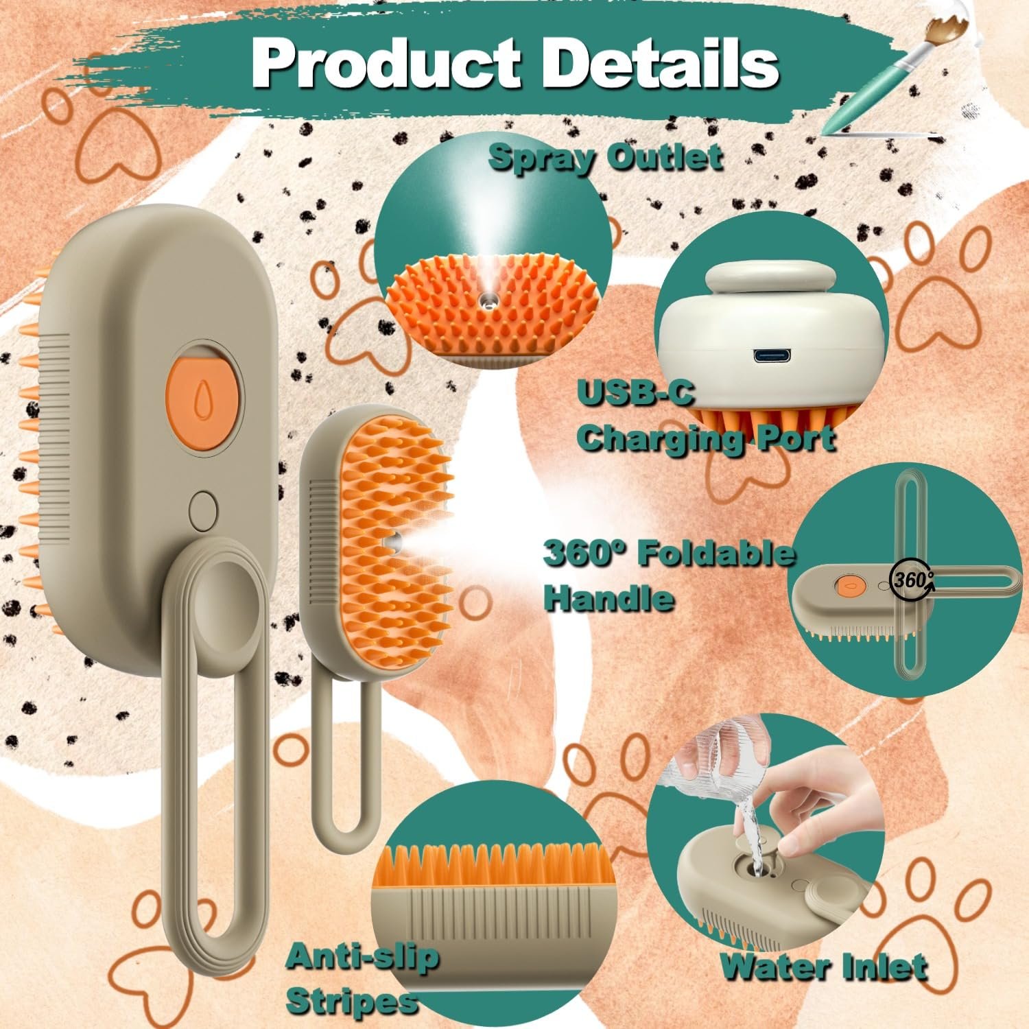 Steam Cat Cordless 3-in-1 Silicone Massaging Grooming Brush With Built-in Lithium Battery, Removes Static and Flying Pet Hair for Cats and Dogs (Beige) - Image 5