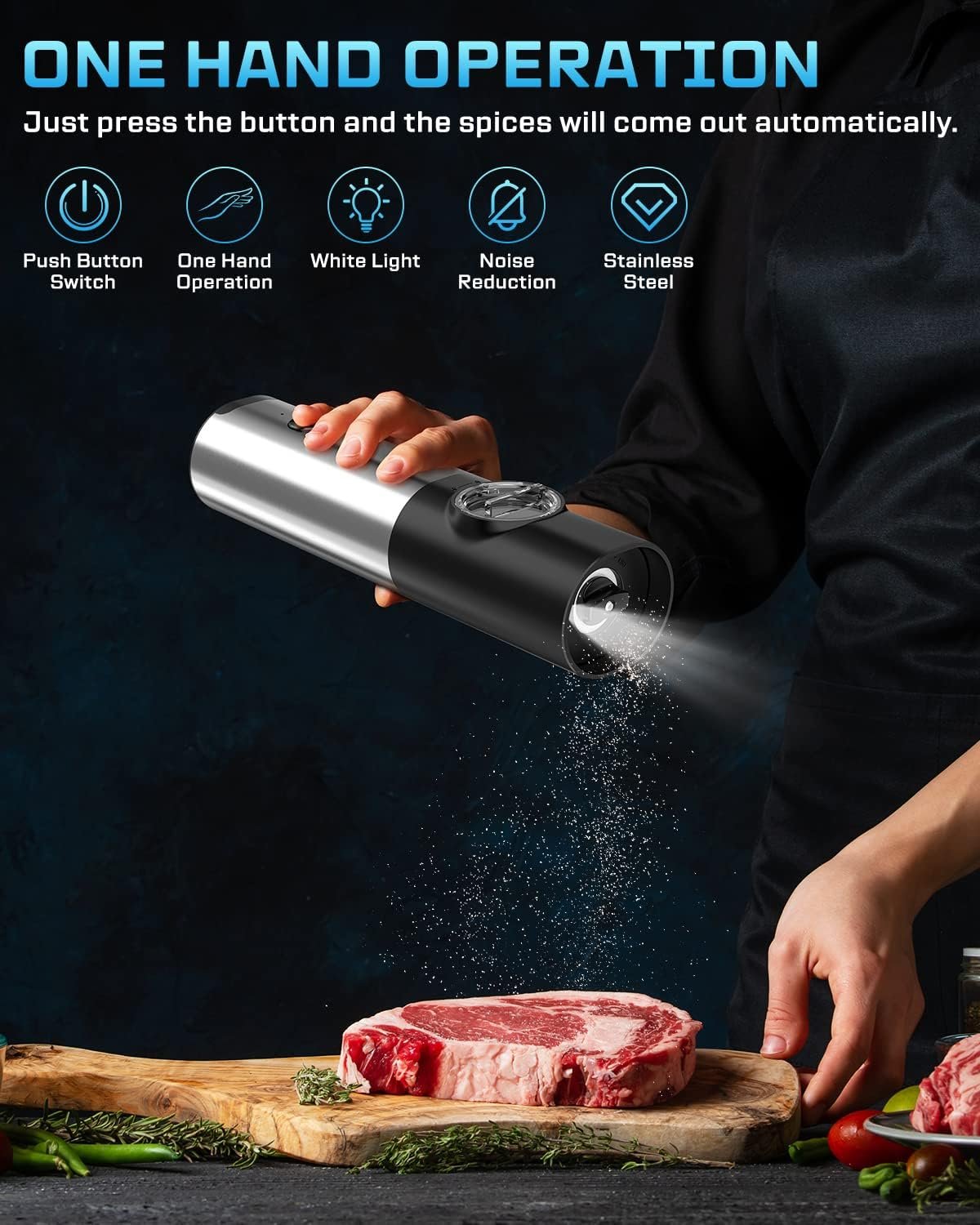 USB Rechargeable Electric Salt and Pepper Grinder Set - White Light, One Hand Operation, Adjustable Coarseness, Refillable - By SoulFox - Image 3