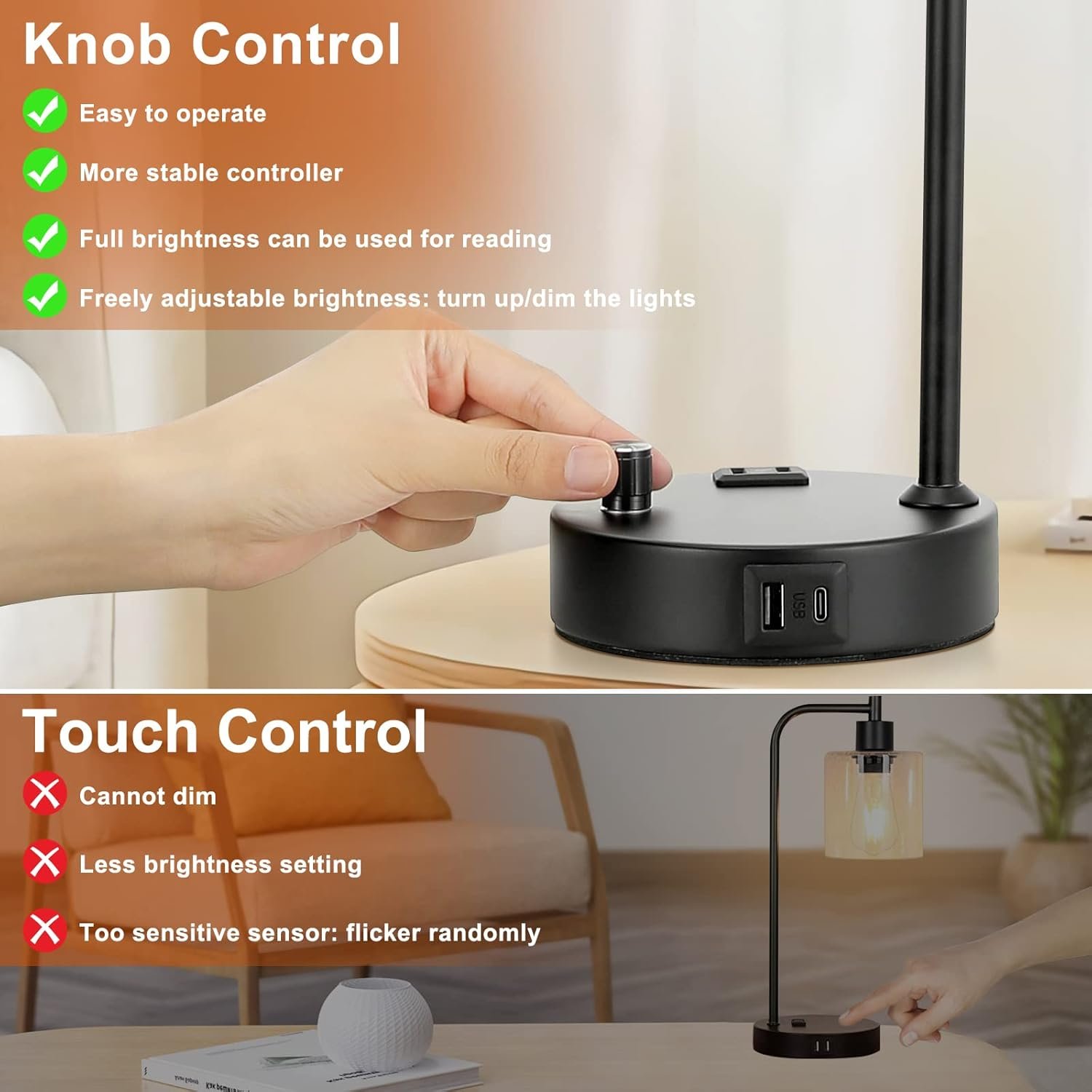 Industrial Table Lamps for Bedrooms Set of 2 - Fully Dimmable Bedside Lamps with USB A and C Ports and Outlet, Black Nightstand Lamps with Glass Shade for Living Room, Desk Lamps for Office Reading - Image 4