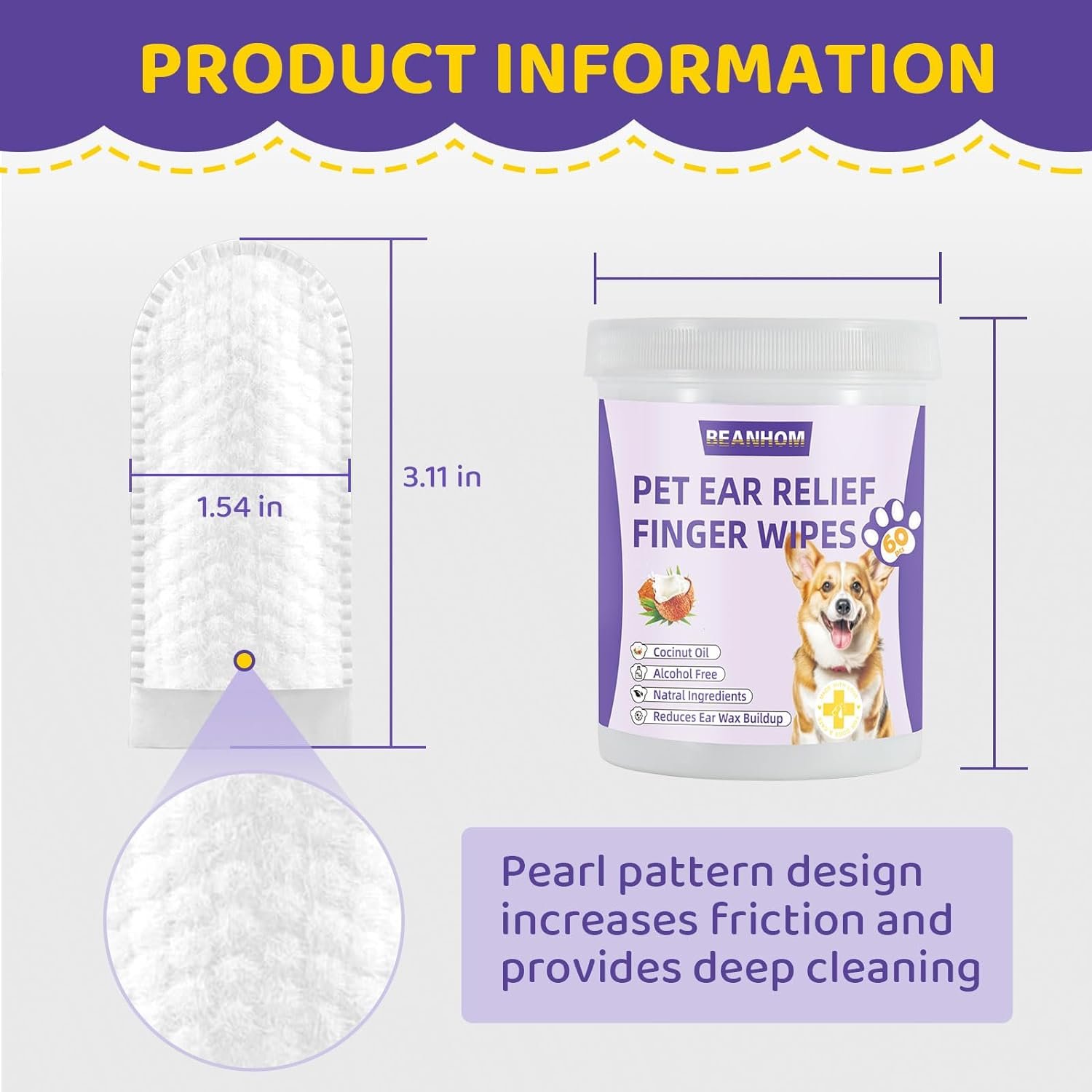 Dog Ear wipes Finger - Ear Finger Wipes for Dogs & Cats - Pet Ear Cleaning Finger Wipes - Sooths & Deodorizes, Prevent Ear Itch & Inflammation – Fresh Coconut Scent, All Natural Ingredients - 60 Count - Image 5