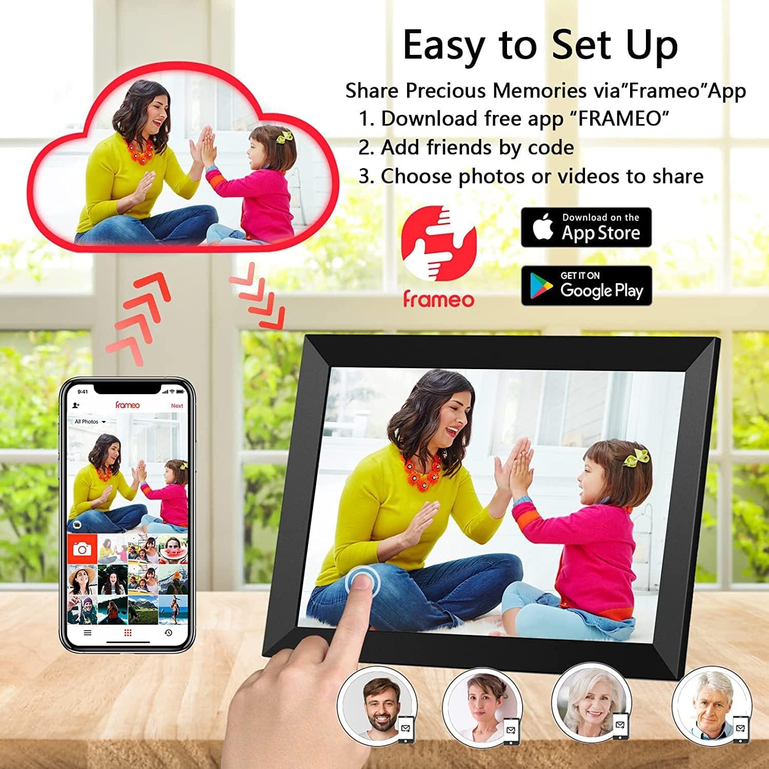FRAMEO Digital Photo Frame, 10.1 Inch WiFi Digital Picture Frame with 1280x800 IPS HD Touch Screen, 32GB Storage Auto-Rotate Wall Mountable Easy Share Photos or Videos via Frameo App from Anywhere - Image 4