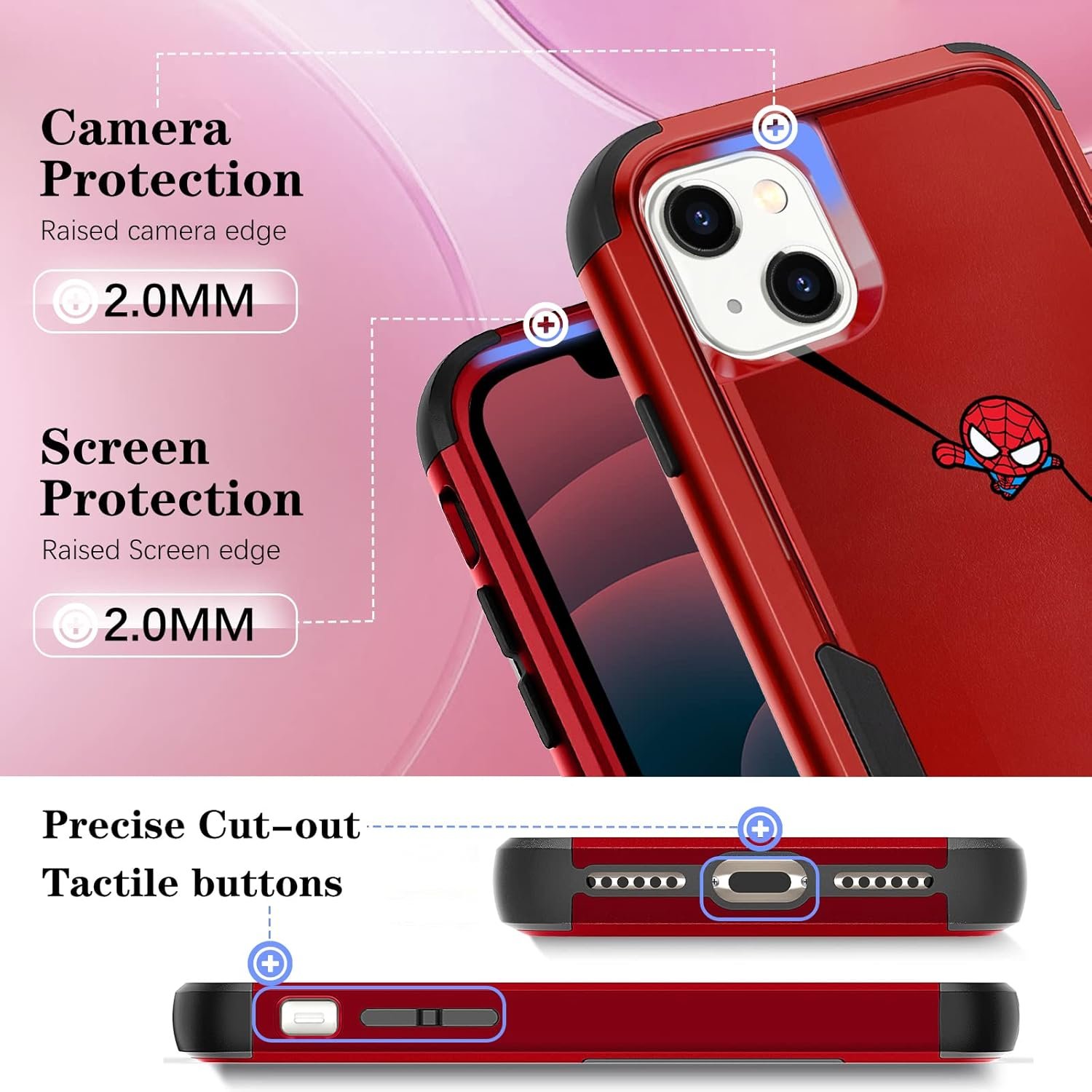 Oqplog for iPhone 13 6.1” Heavy Duty Phone Case for Girls Kids Women Boys Cute Anime Cartoon Hard Triple Layers Cover Full Body Rugged Military Grade Drop Shockproof Cases for Apple 13 Spidr - Image 4