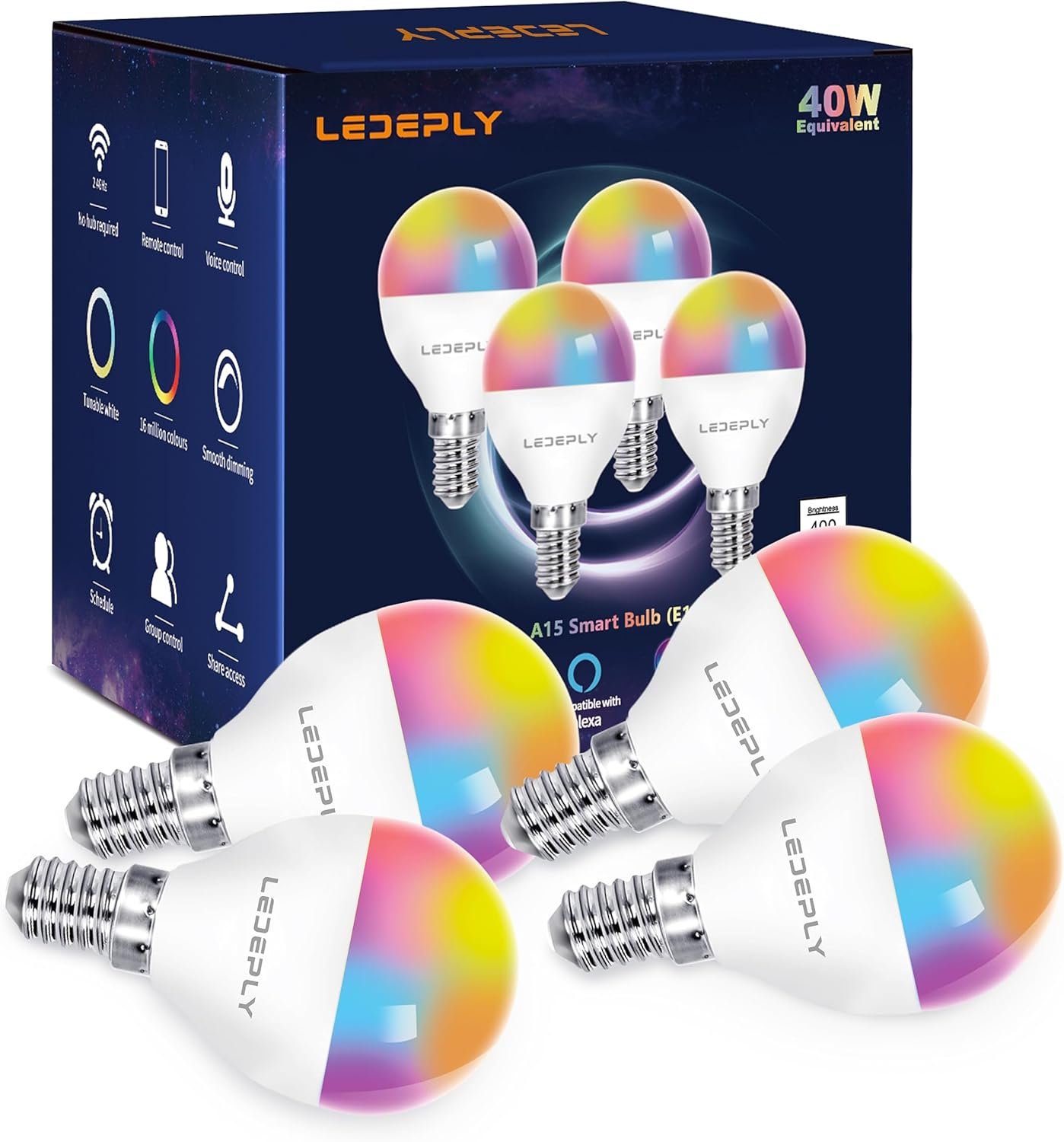 A15 LED Smart Bulb, 5W=40W,Compatible with Alexa, Google Assistant, E12 Base, Dimmable, 2.4G WiFi ONLY, RGB Color Changing, Tunable White 2700K-6500K, Globe Shape, G45 Ceiling Fan Light Bulbs 4 Pack - Image 2