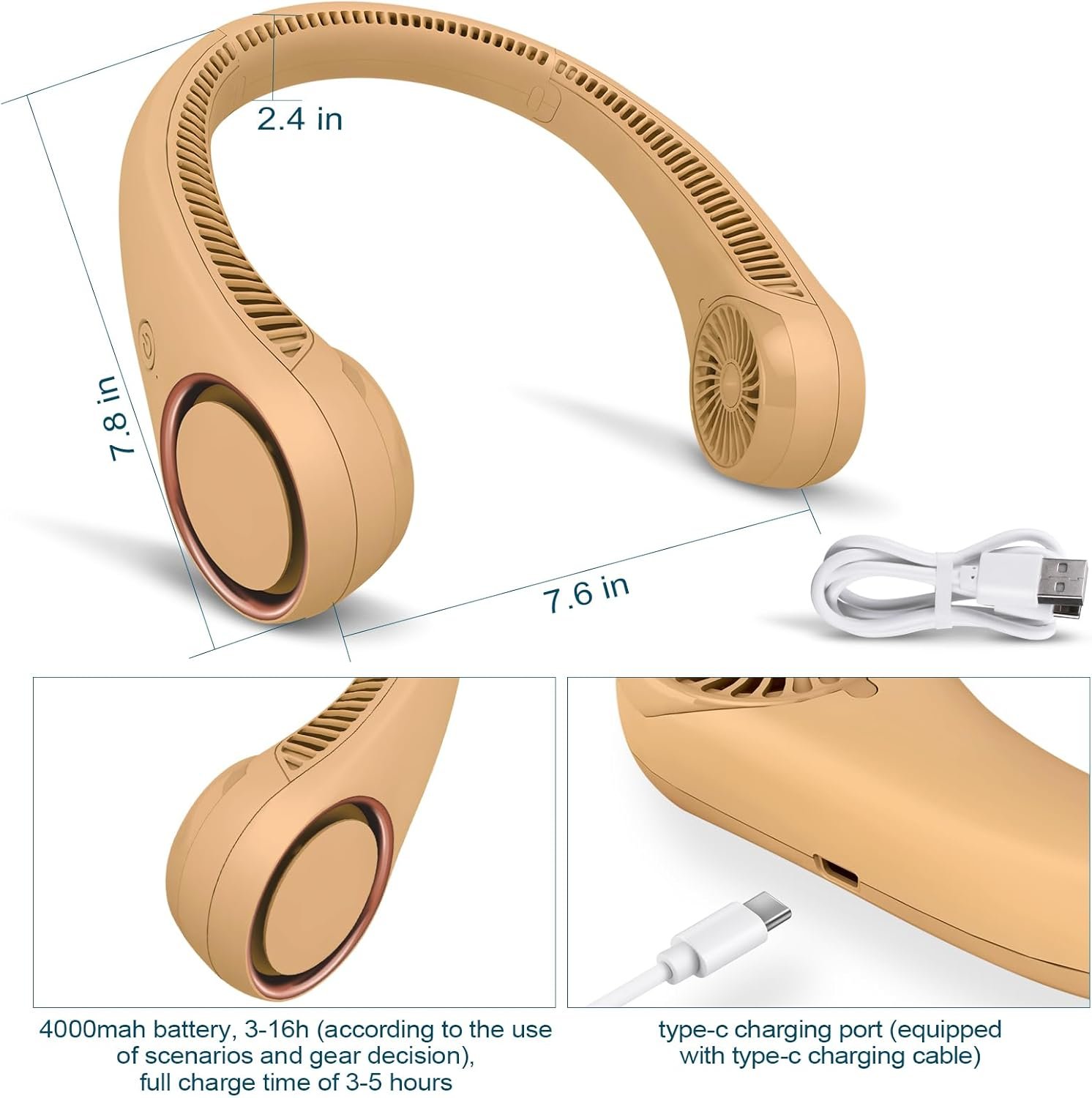 CIVPOWER Neck Fan: Portable Personal Neck Cooling Rechargeable Bladeless Fan - Hands Free 3 Speed 4000 mAh Battery USB Operated Wearable Headphone Design - for Men Women Outdoor Indoor Caramel - Image 5