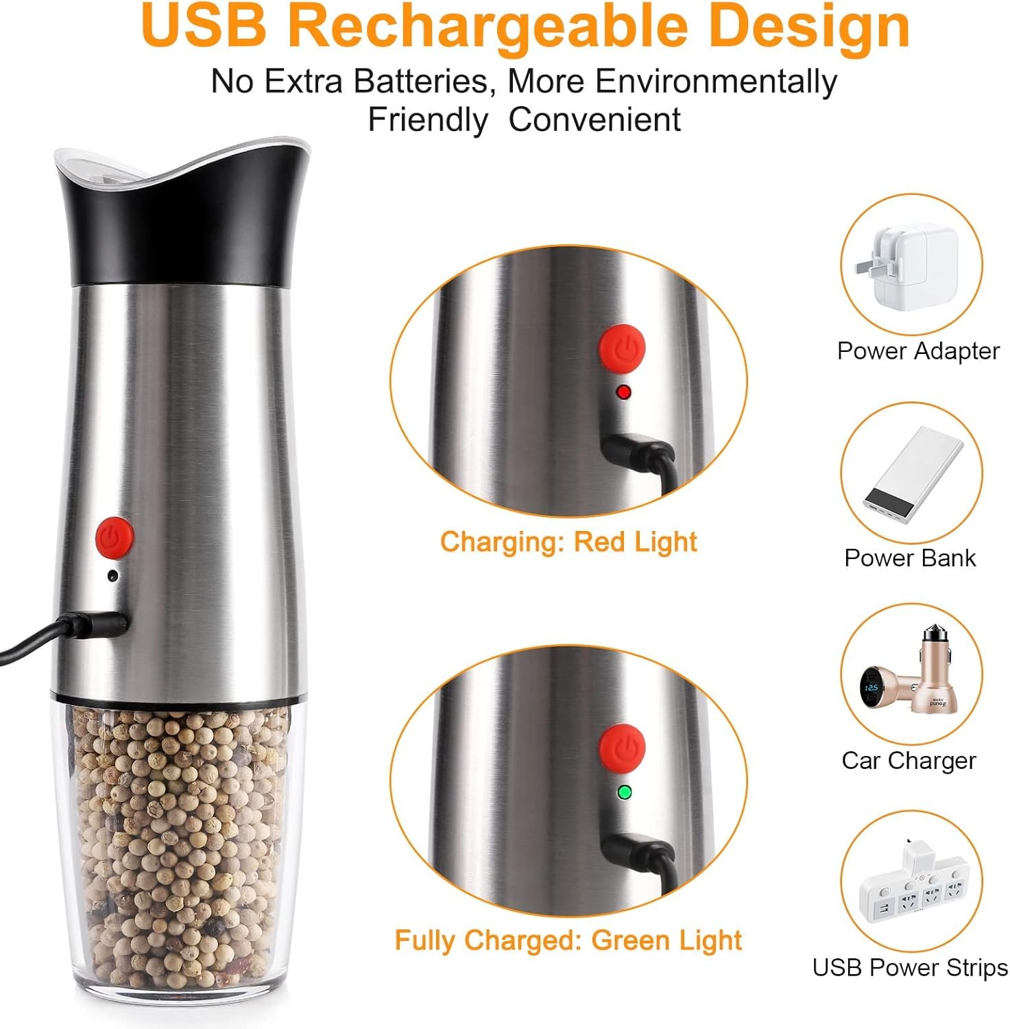 Electric Salt and Pepper Grinder Set: - for Gravity Automatic Salt Grinder Set Spice Pepper Mill with Adjustable Coarseness USB Rechargeable Battery Power Salt Mill Shakers - Image 3