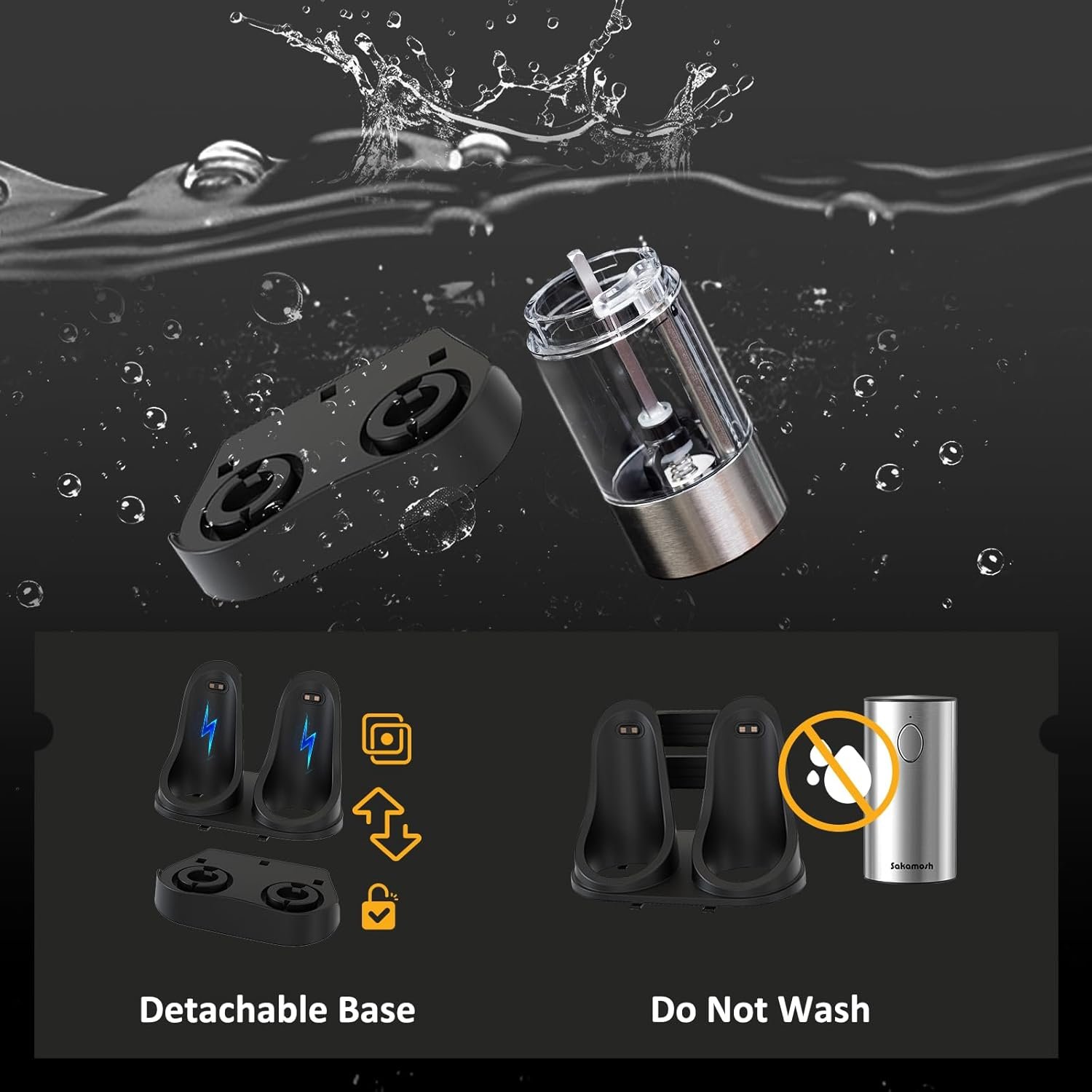 Electric Salt and Pepper Grinder Set, Rechargeable with Charging Base,Adjustable Coarseness with LED Light, Stainless Steel Automatic Pepper and Salt Mill Refillable(2 Packs) - Image 6