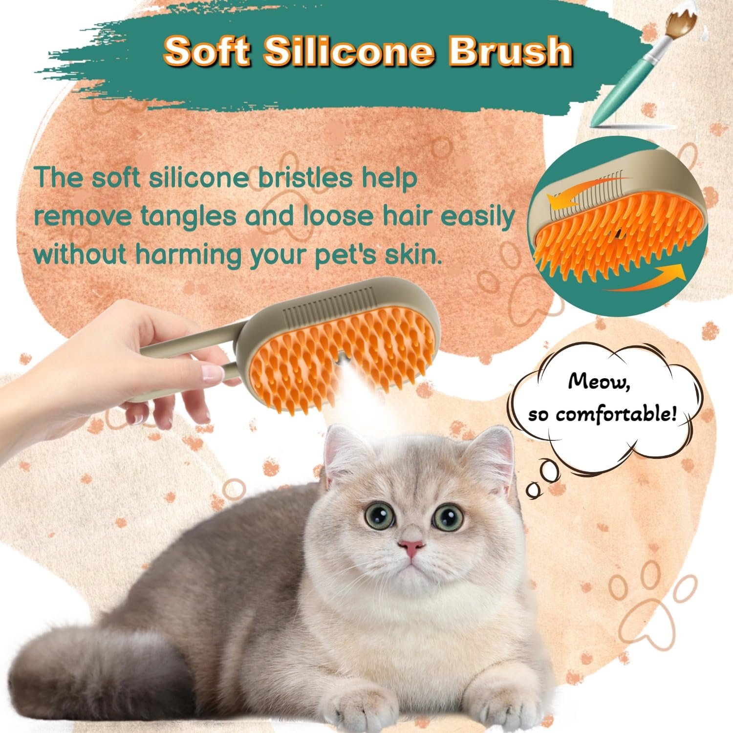 Steam Cat Cordless 3-in-1 Silicone Massaging Grooming Brush With Built-in Lithium Battery, Removes Static and Flying Pet Hair for Cats and Dogs (Beige) - Image 4