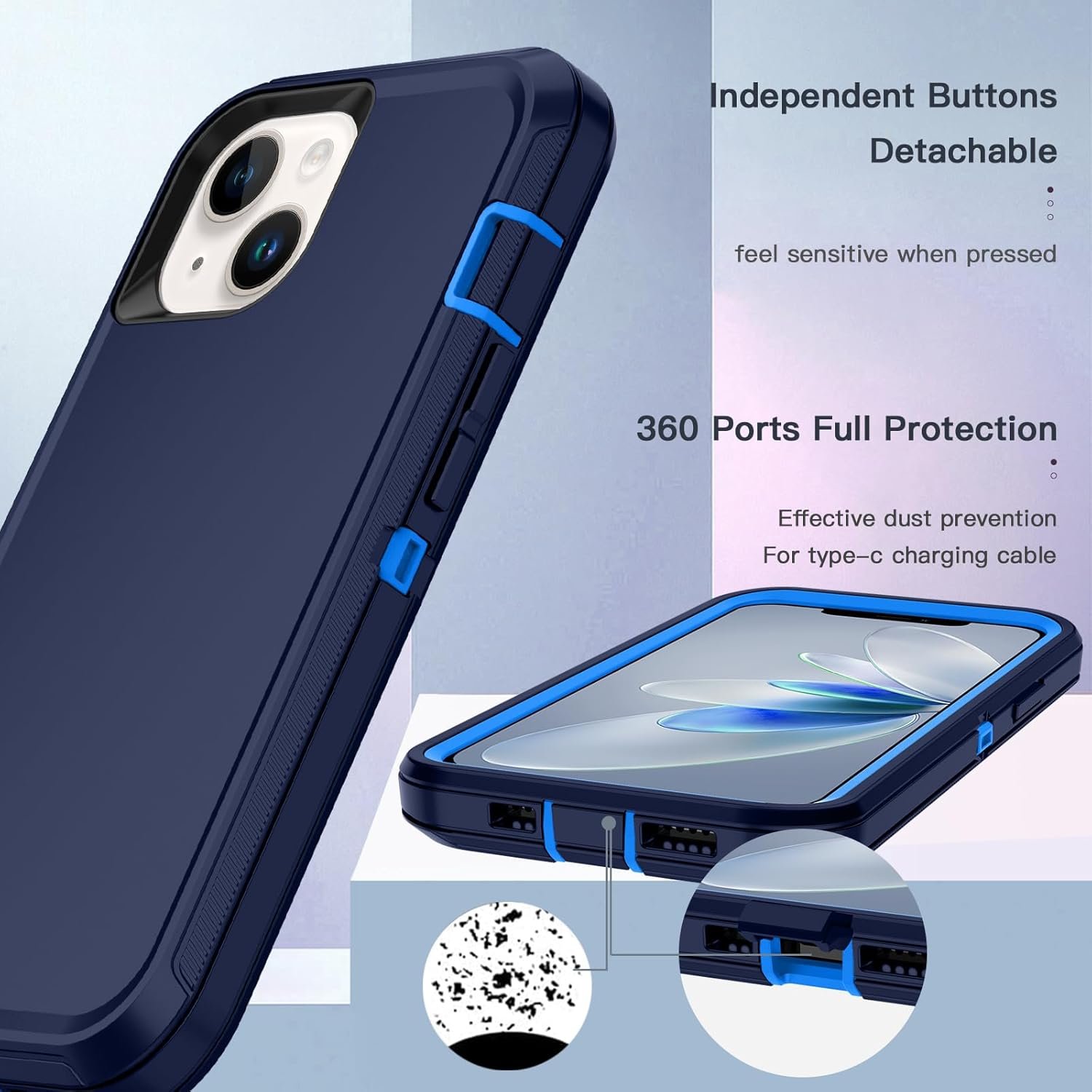 Hucasok Compatible with iPhone 13 Case Shockproof Rugged Full Body Protection Heavy Duty Dust/Drop Proof 3-Layer Cover Case for Apple iPhone 13 Case 6.1 inch 2021,Navy Blue/Blue - Image 6