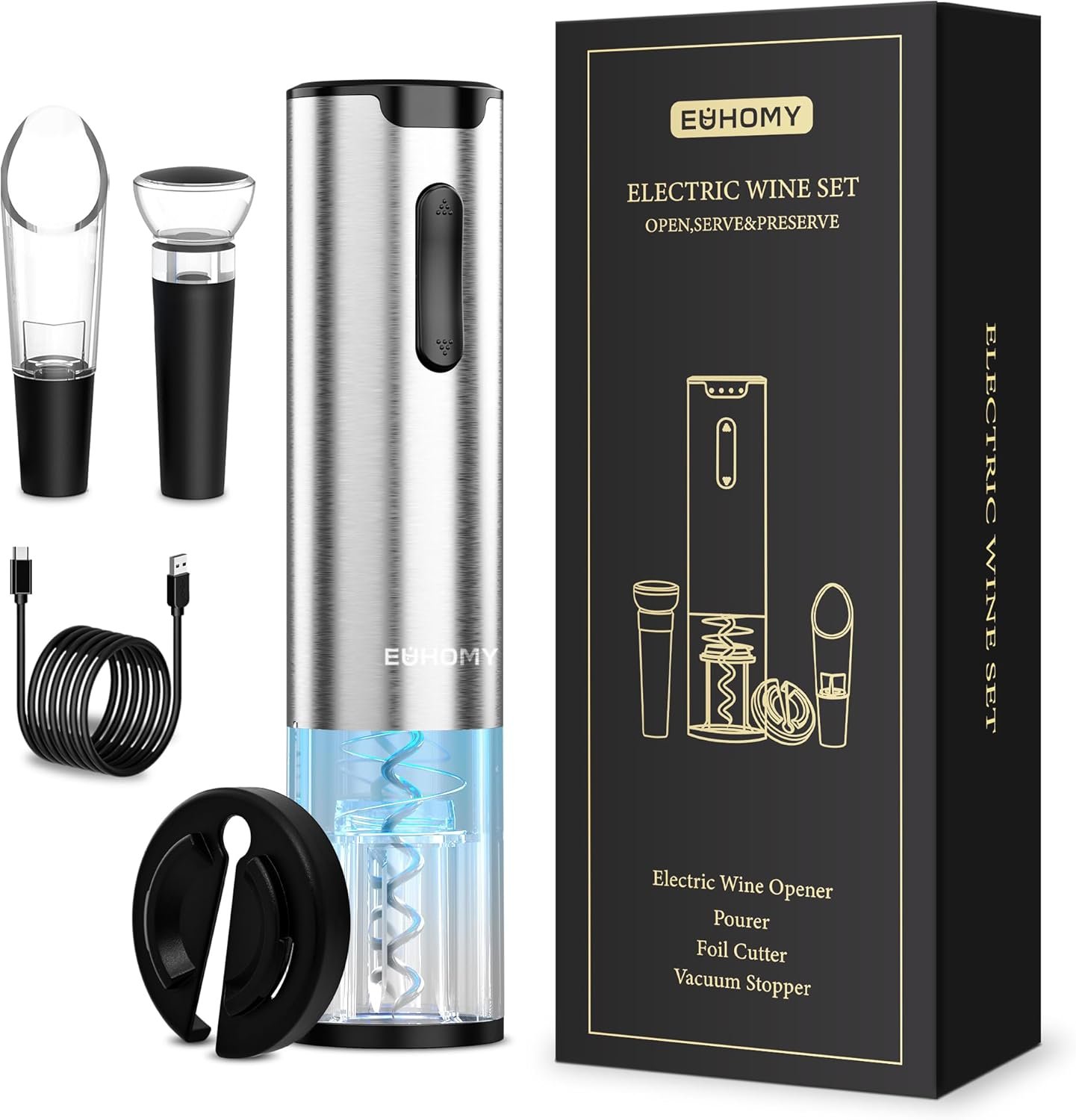 EUHOMY Electric Wine Opener Set, Wine Bottle Opener with Wine Aerator Pourer and Foil Cutter, Stainless Steel Automatic Corkscrew Opener with Wine Vacuum Stopper,Fine Set for Wine Lovers - Image 2