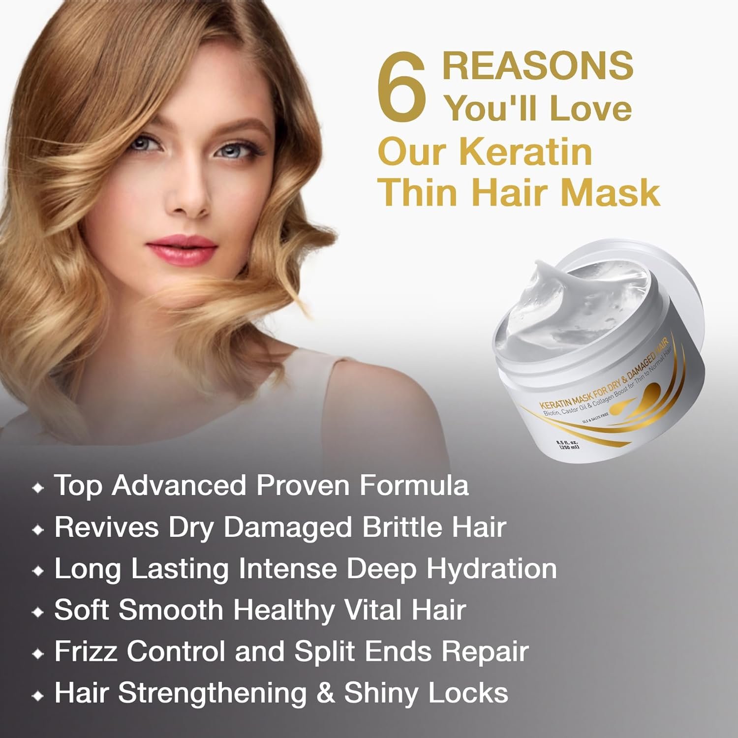 Vitamins Keratin Hair Mask Deep Conditioner - Biotin Collagen Protein & Castor Oil Repair for Dry Damaged or Color Treated Hair - Conditioning Treatment for Curly or Straight Thin Fine Hair - Image 3