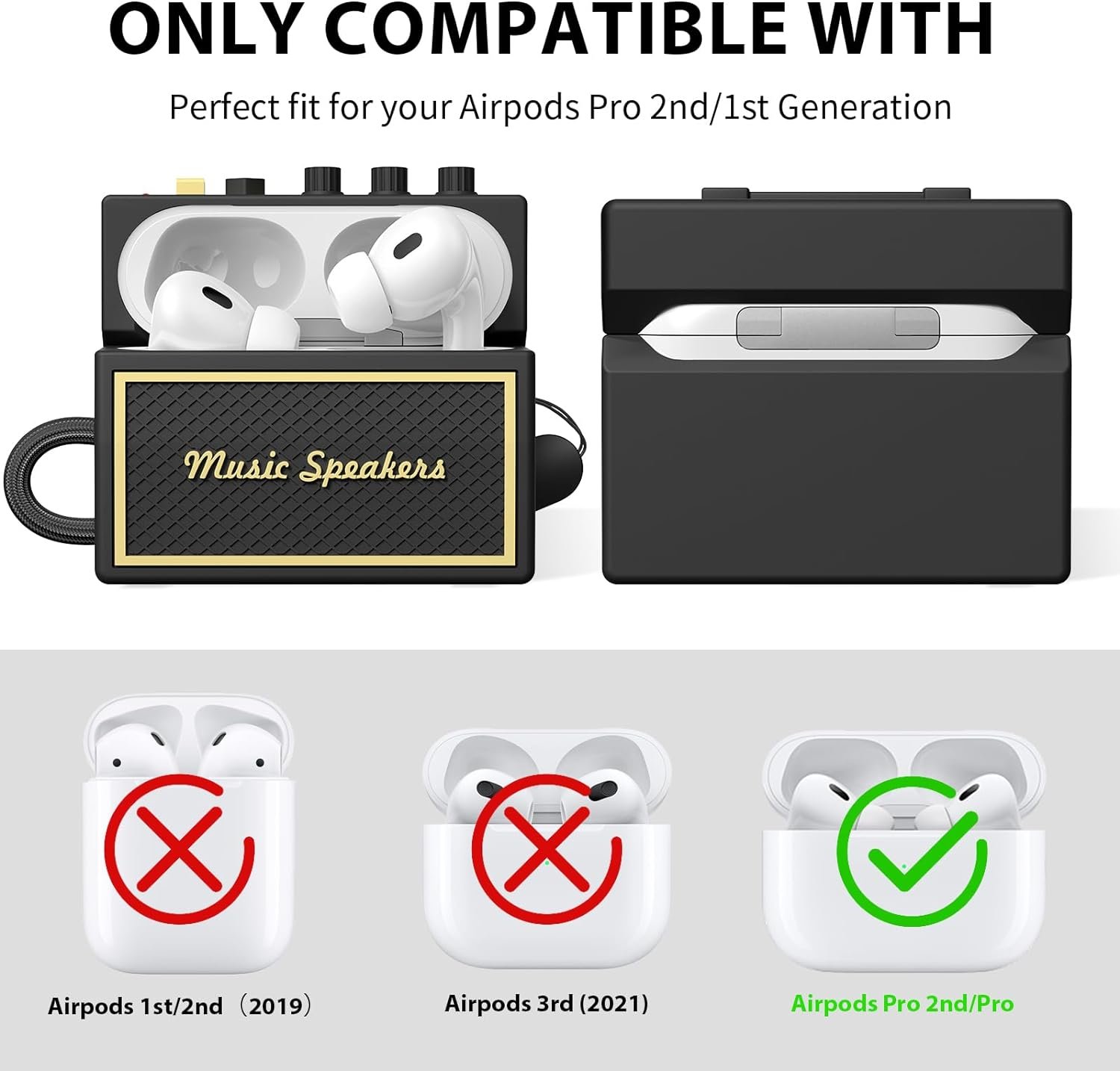 AirPods Pro 2nd Generation Case Cover with Cleaner Kit, Airpod pro case Guitar amp Retro Audio Design Soft Silicone Protective Cover for AirPods Pro 2 Case with Lanyard (2023/2022) Black - Image 3