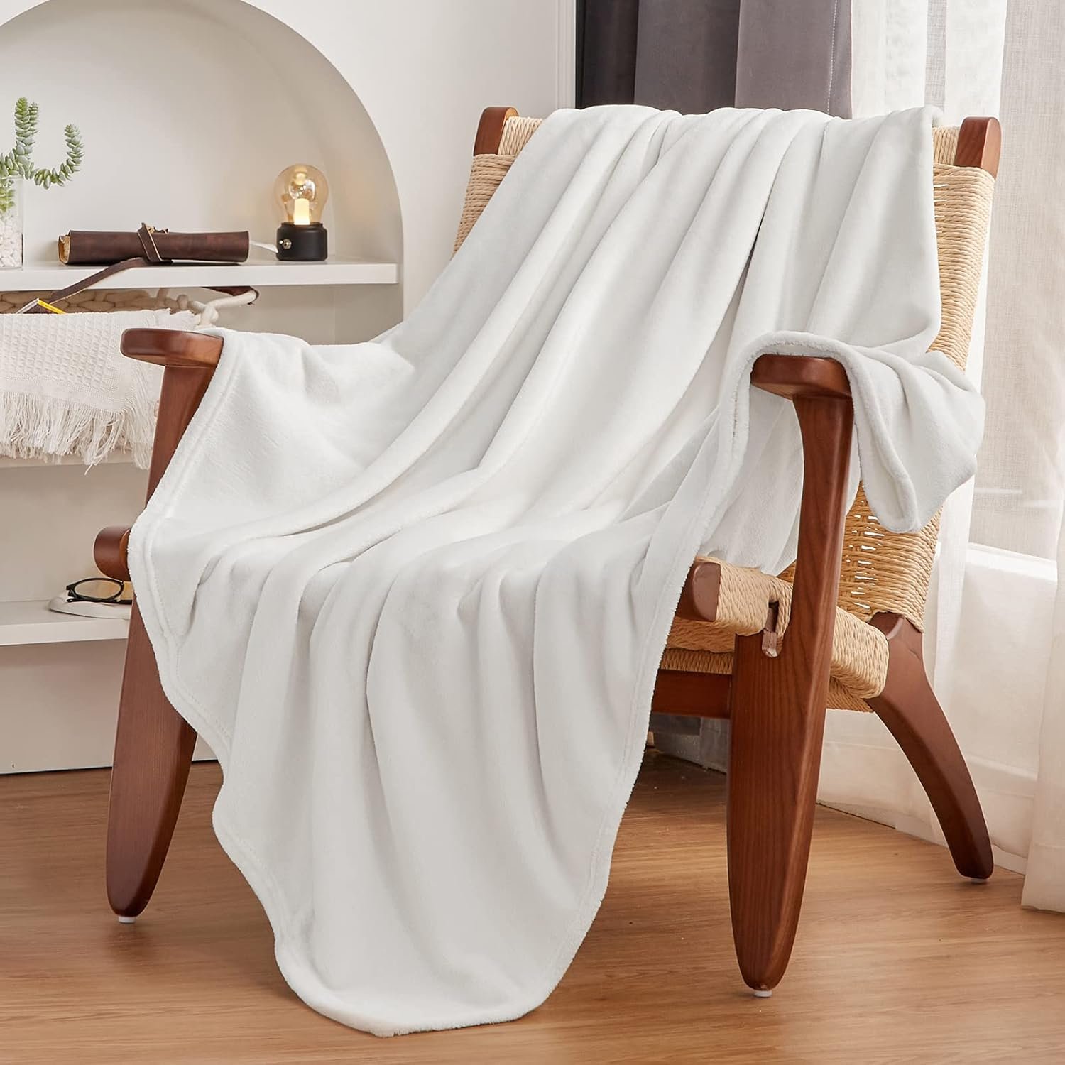 CozyLux Fleece Bed Blankets Queen Size White - 300GSM Soft Lightweight Cozy Plush Fuzzy Microfiber Flannel Blanket for Travel Camping Chair and Sofa, 90x90 inches - Image 6