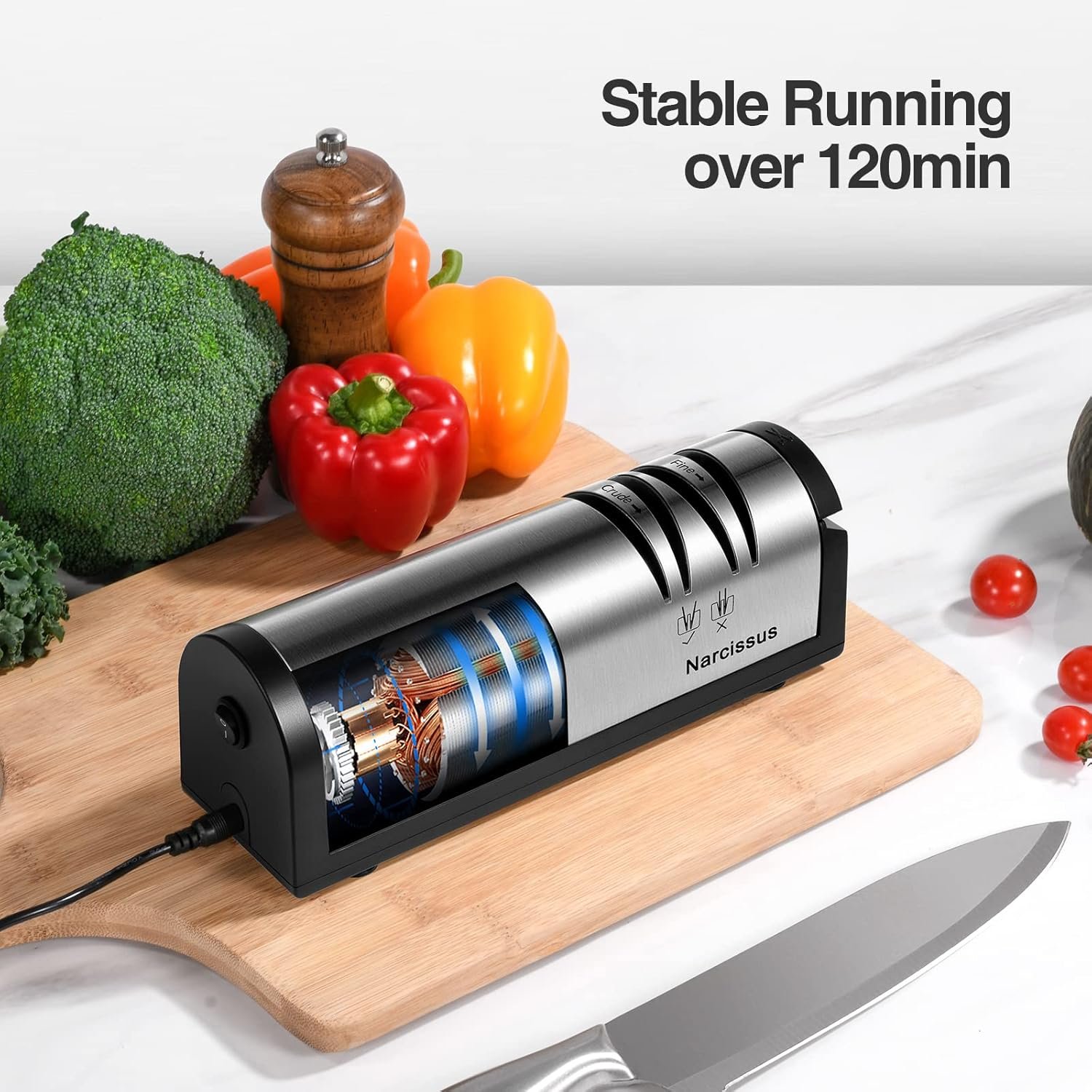 Narcissus Knife Sharpener, Professional 2 Stage Electric Knife Sharpener for Quick Sharpening & Polishing, with Scissors Sharpener and Metal Dust Collection Box, Stainless Steel, Silver - Image 7