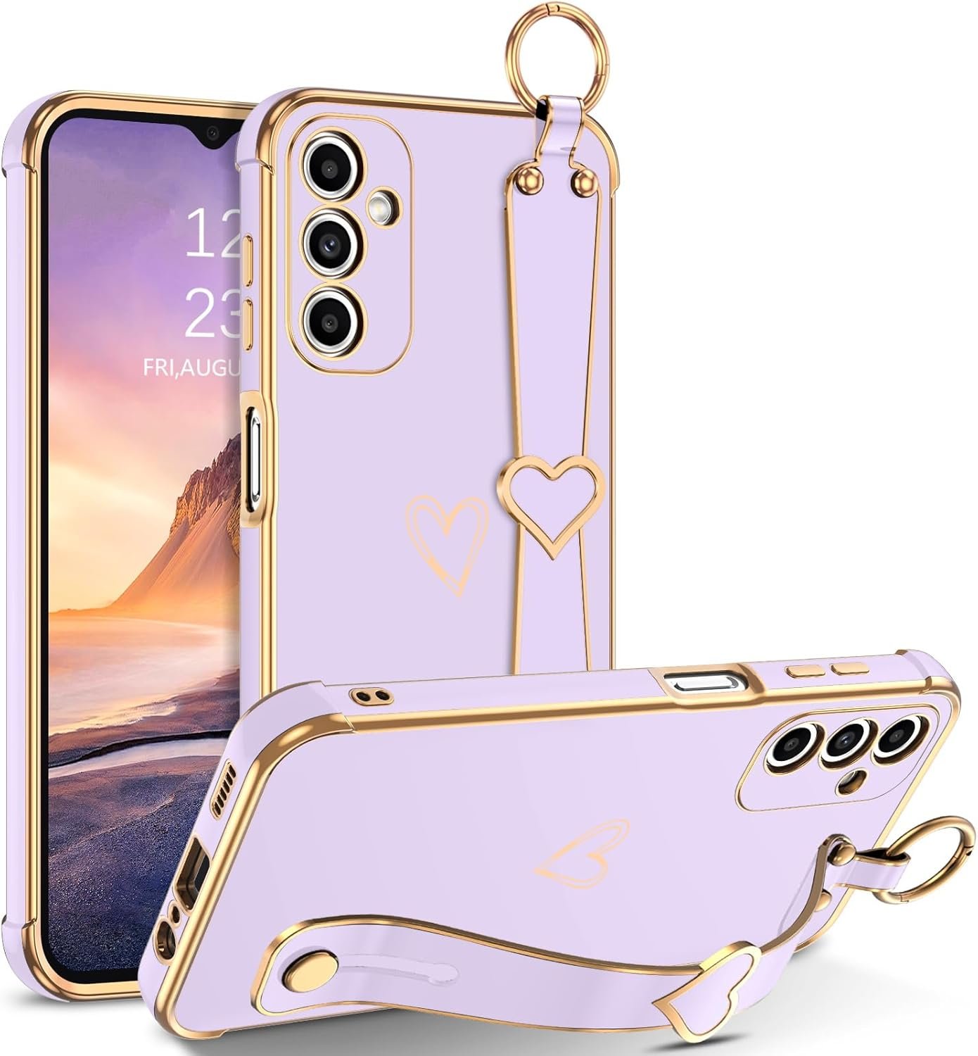 BENTOBEN for Galaxy A14 5g Phone Case with Adjustable Wristband Kickstand, Cute Heart Luxury Plating Bumper, Raised Corners Shockproof Women Girls Phone Cover for Samsung Galaxy A14, Lavender Purple - Image 2