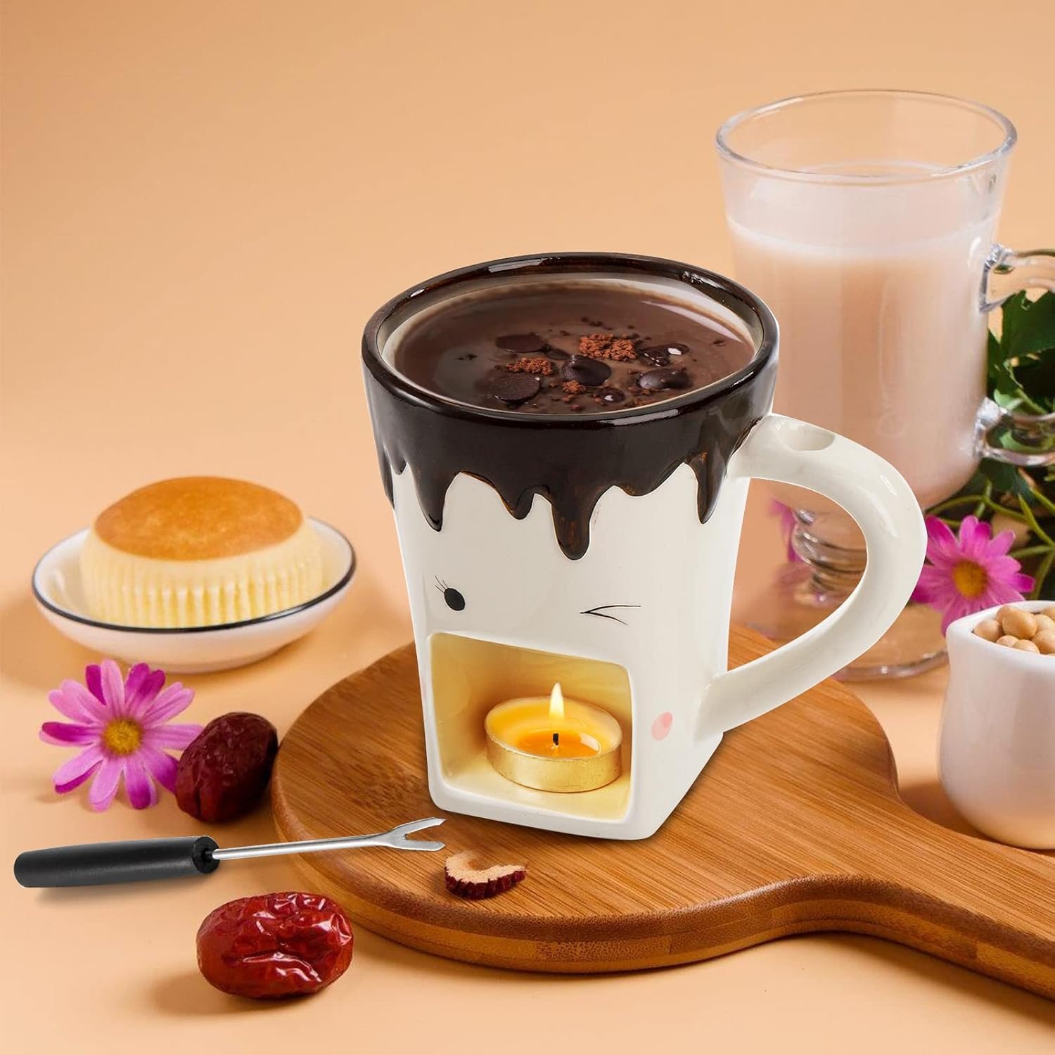 Dicunoy Set of 2 Fondue Mugs with Forks, Ceramic Personal Chocolate Melting Cup for Cheese, Individual Ceramic Butter Warmers Pot, Tealight Candle Mini Simmer Mug for Caramel, Tapas - Image 8