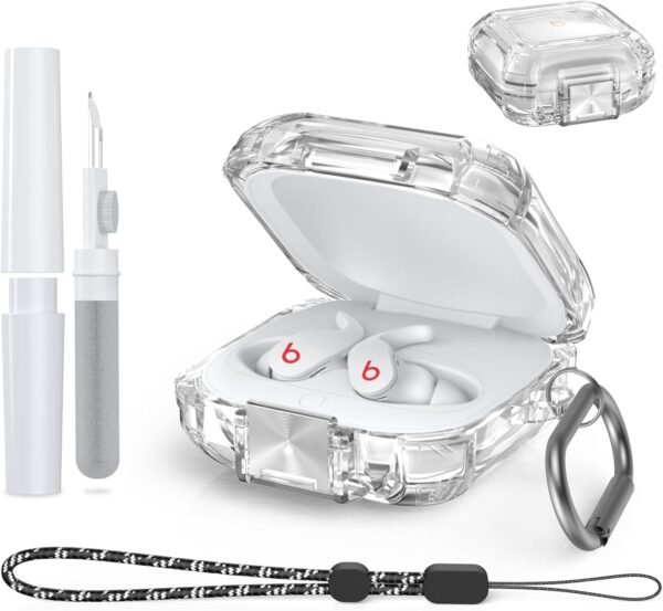 [4 in 1] Beats Fit Pro Case Clear with Secure Lock, WQNIDE Shock-Absorbing Transparent TPU Silicone Protective Cover Shell Beats Fit Pro Accessories with Cleaner kit/Lanyard/Keychain - Image 2