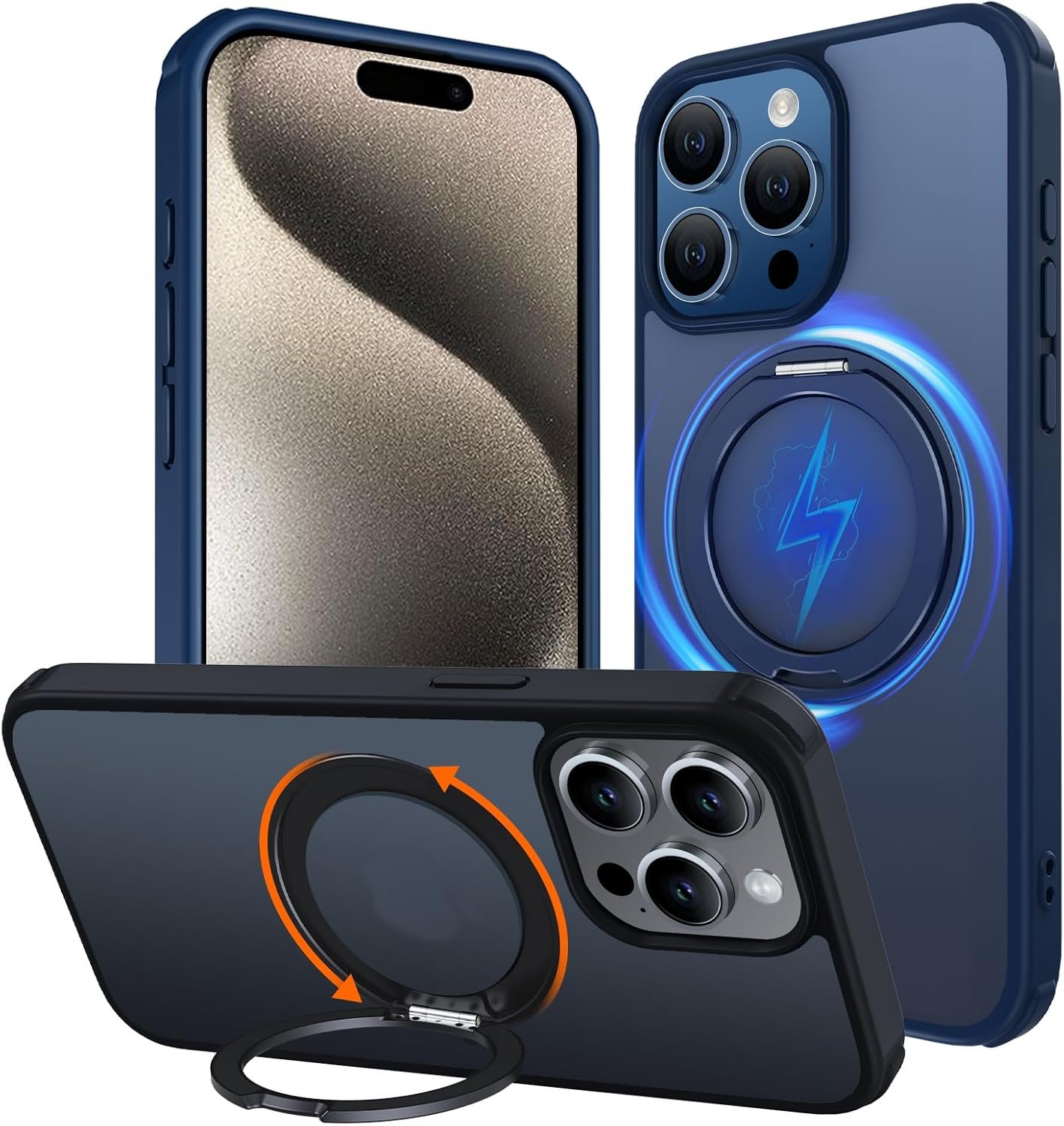 for iPhone 15 Pro Max Case 360°Magnetic Ring Stand, Compatible with Magsafe, Military Grade Shockproof, Translucent Back with Ring Holder Protective Phone Cover for iPhone 15 ProMax Blue - Image 2