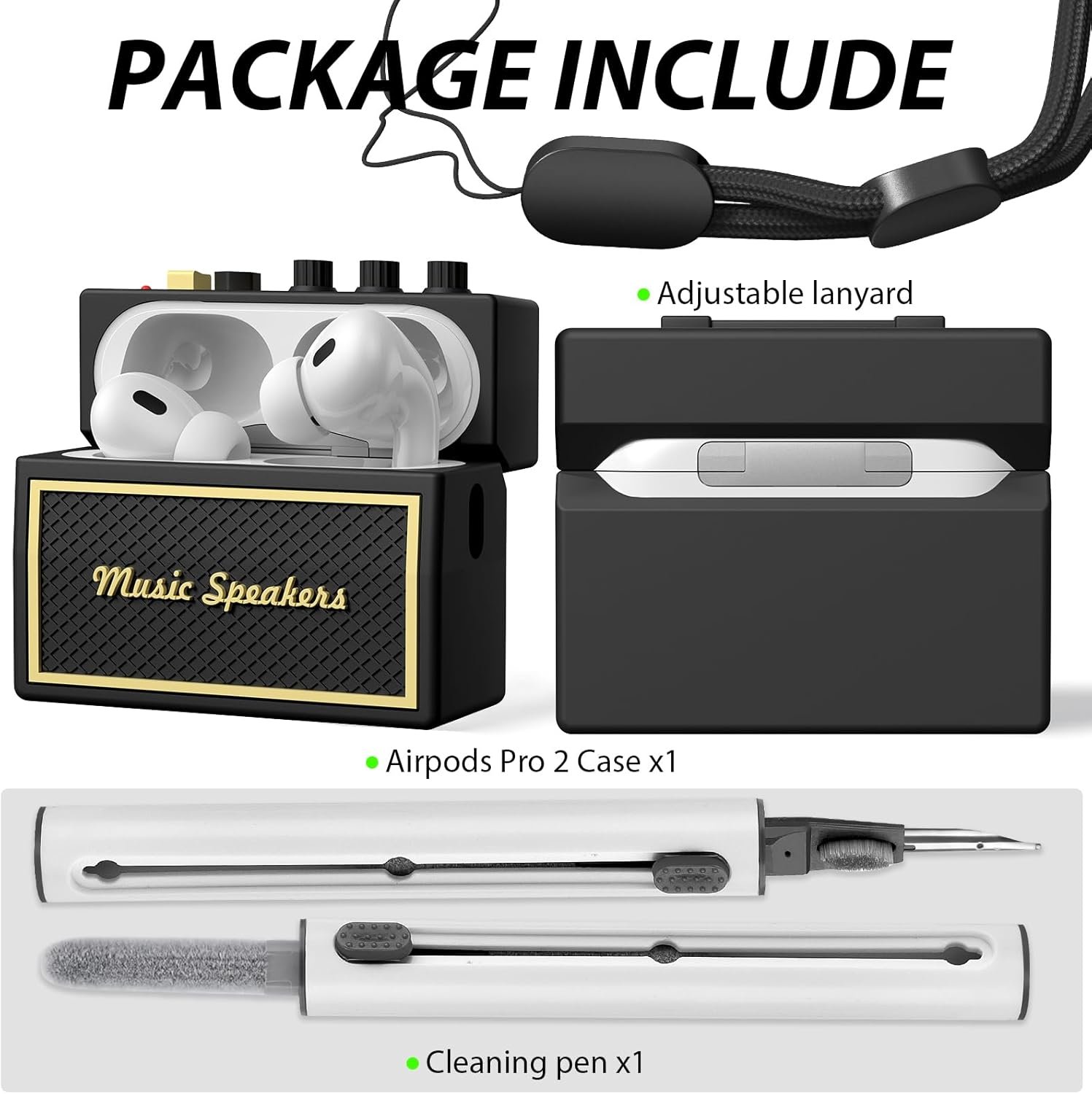 AirPods Pro 2nd Generation Case Cover with Cleaner Kit, Airpod pro case Guitar amp Retro Audio Design Soft Silicone Protective Cover for AirPods Pro 2 Case with Lanyard (2023/2022) Black - Image 8