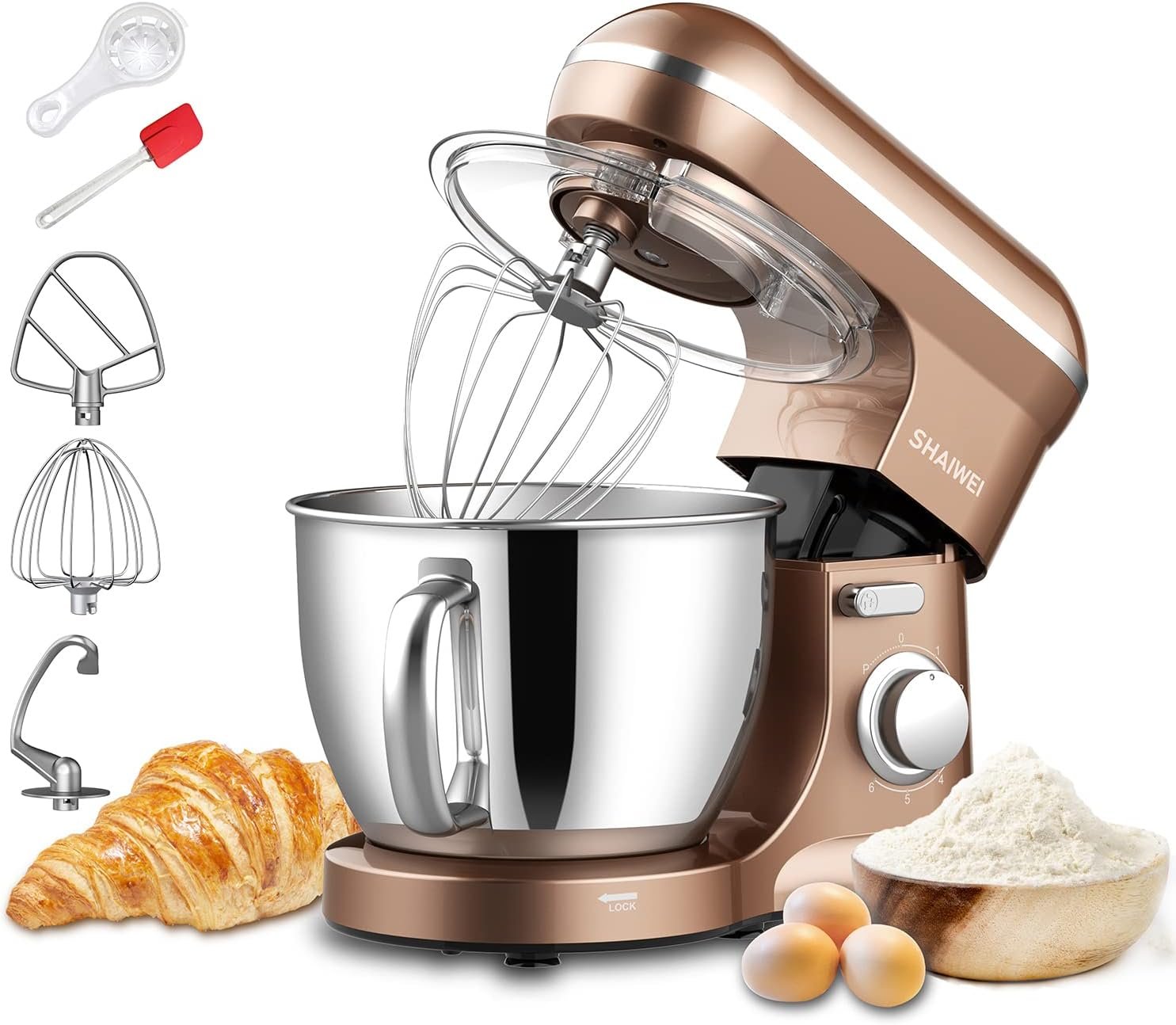 Kitchen Stand Mixer, 6.5 Quart, 6 Speed Tilt-Head Kitchen Mixer, Electric Food Mixer with Dough Hook, Wire Whip, Beater, Gold - Image 2