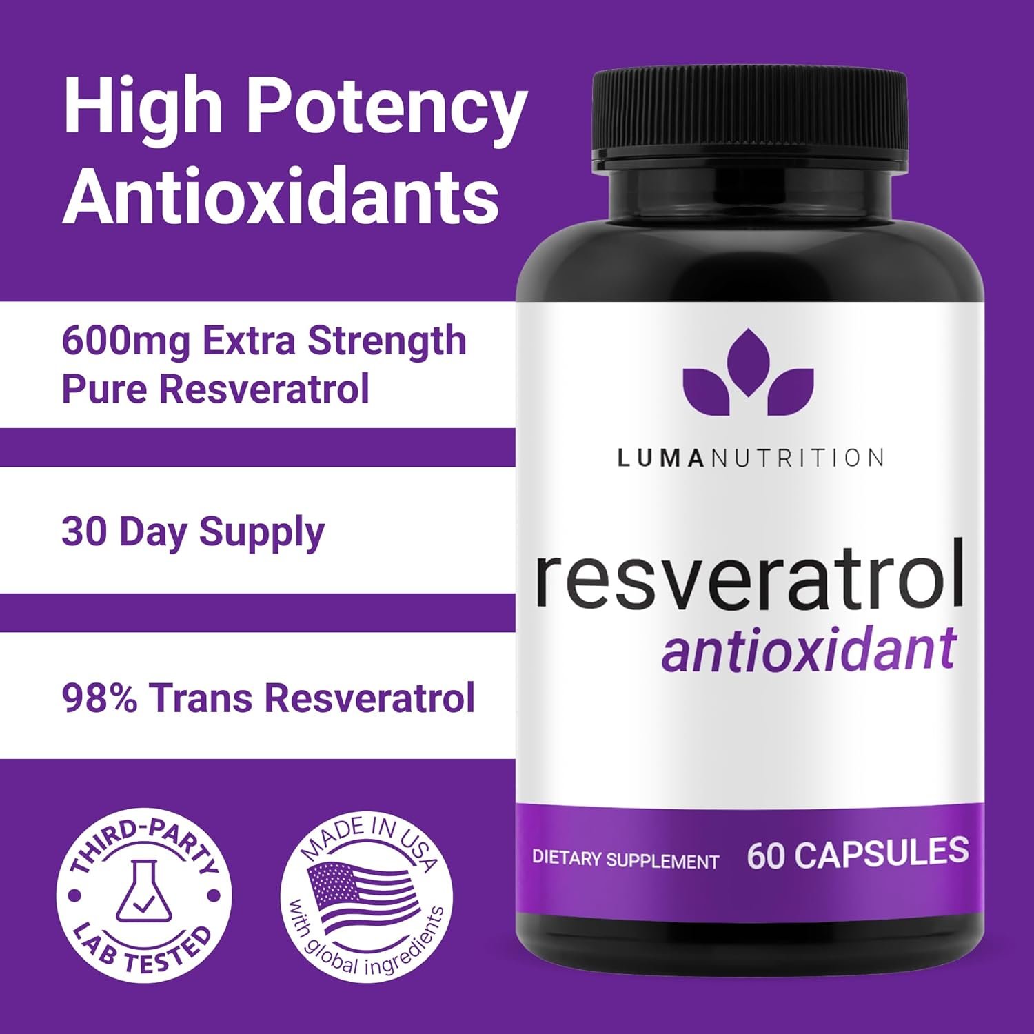 Luma Nutrition High Purity Resveratrol Capsules - 98% Trans-Resveratrol - Reservatrol Supplement - Antioxidant - USA - 60 Capsules - Image 3