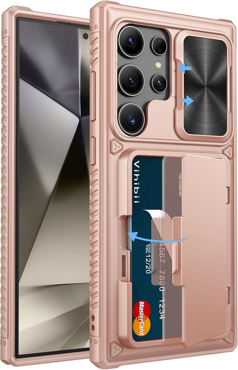 Vihibii for Samsung Galaxy S24 Ultra Case with Slide Camera Protection Cover, Built-in Card Holder (4 Cards) & Kickstand, Shockproof Rugged Wallet Phone Case for Galaxy S24 Ultra 6.8" 2024, Rose Gold - Image 2