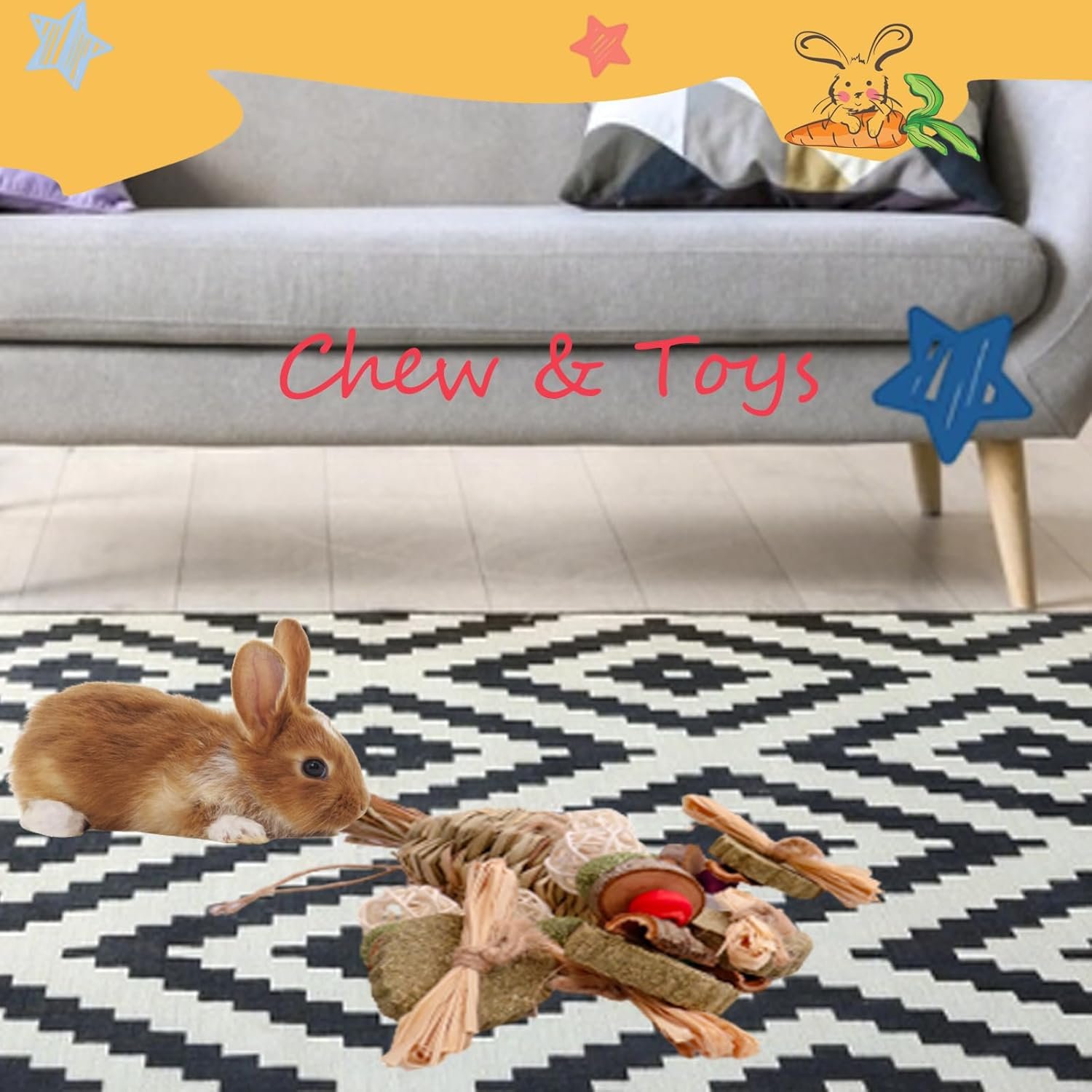 Rabbit Toy, Bunny Cage Hanging Chew Toy & Treats for Guinea Pigs Chinchillas Hamsters Rats and Other Small Pets Teeth Grinding - Image 6