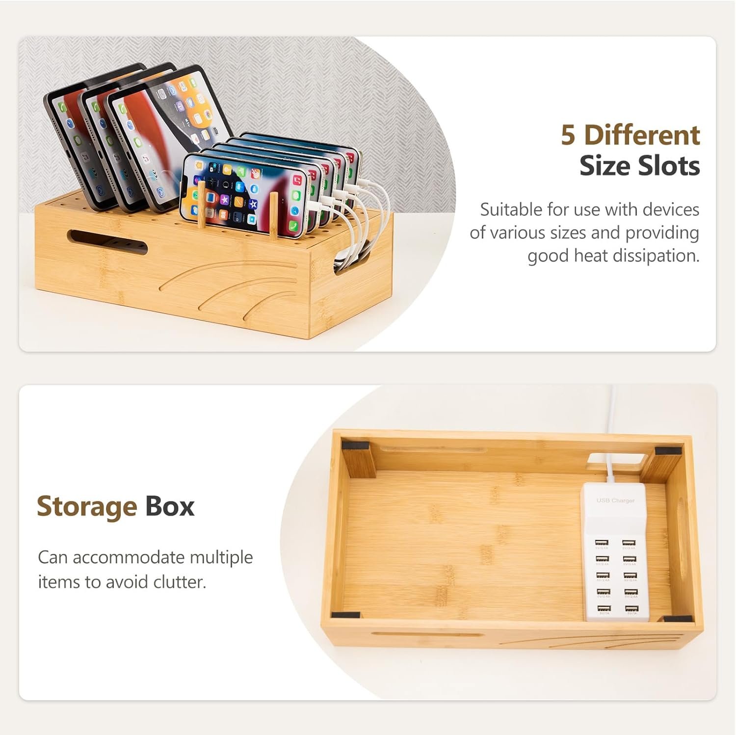 Bamboo Charging Station for Multiple Devices, Charger Station Organizer Desk Docking Station Rack for Phones, Tablets, Laptop, Perfect to Work from Home (Natural, M) - Image 7