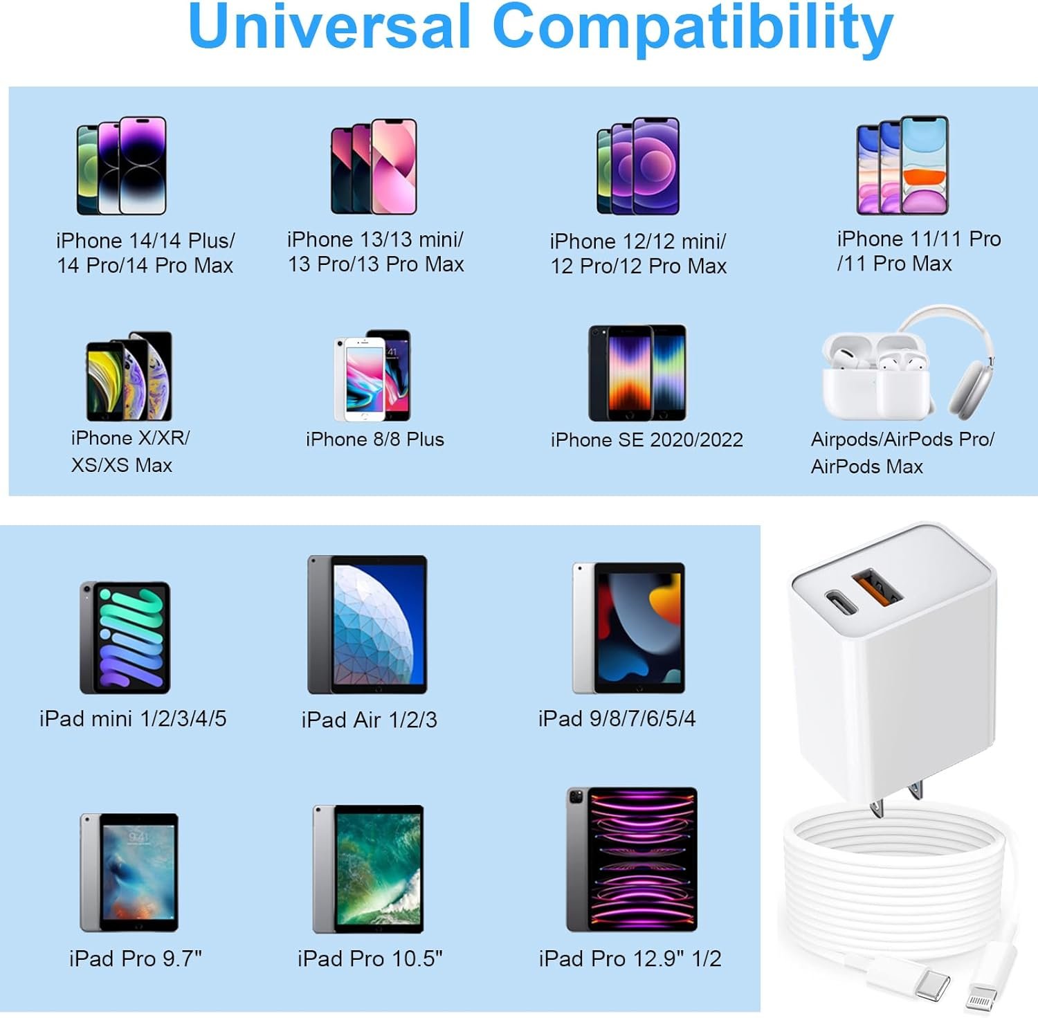 USB C Wall Charger,Dual Port 10FT iPhone Charger 20W PD+QC3.0 Power Adapter Fast Charging Block Plug with 10ft USB C to Lightning Cable for iPhone 14/14 Pro/14 Pro Max/13/12/11/Pro Max/XS/XR/X/AirPods - Image 8