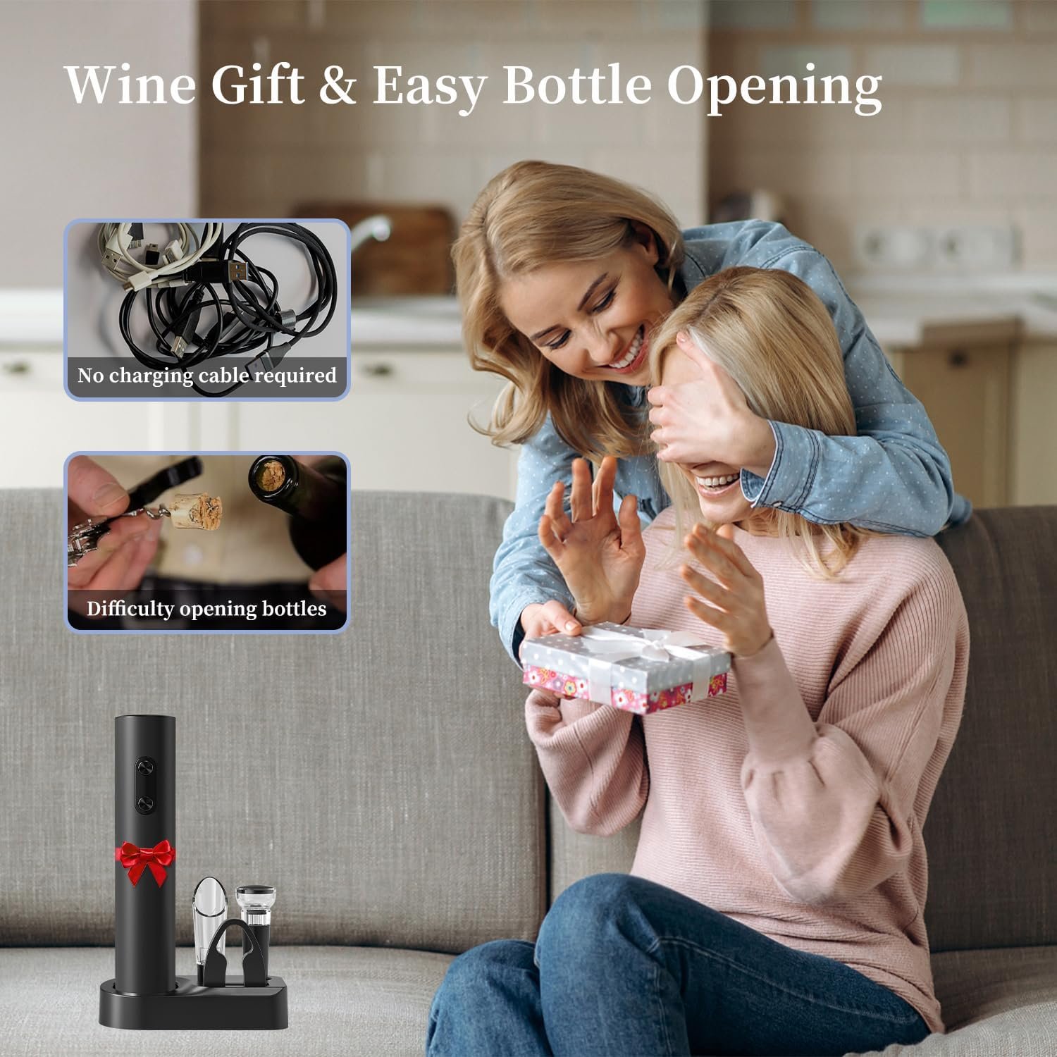 Electric Wine Opener Set, Battery Operated Wine Bottle Opener with Storage Base, Wine Corkscrew Remover, Automatic Wine Opener Accessories for Home Bars(Black, 4 x AA Batteries Not Included) - Image 6