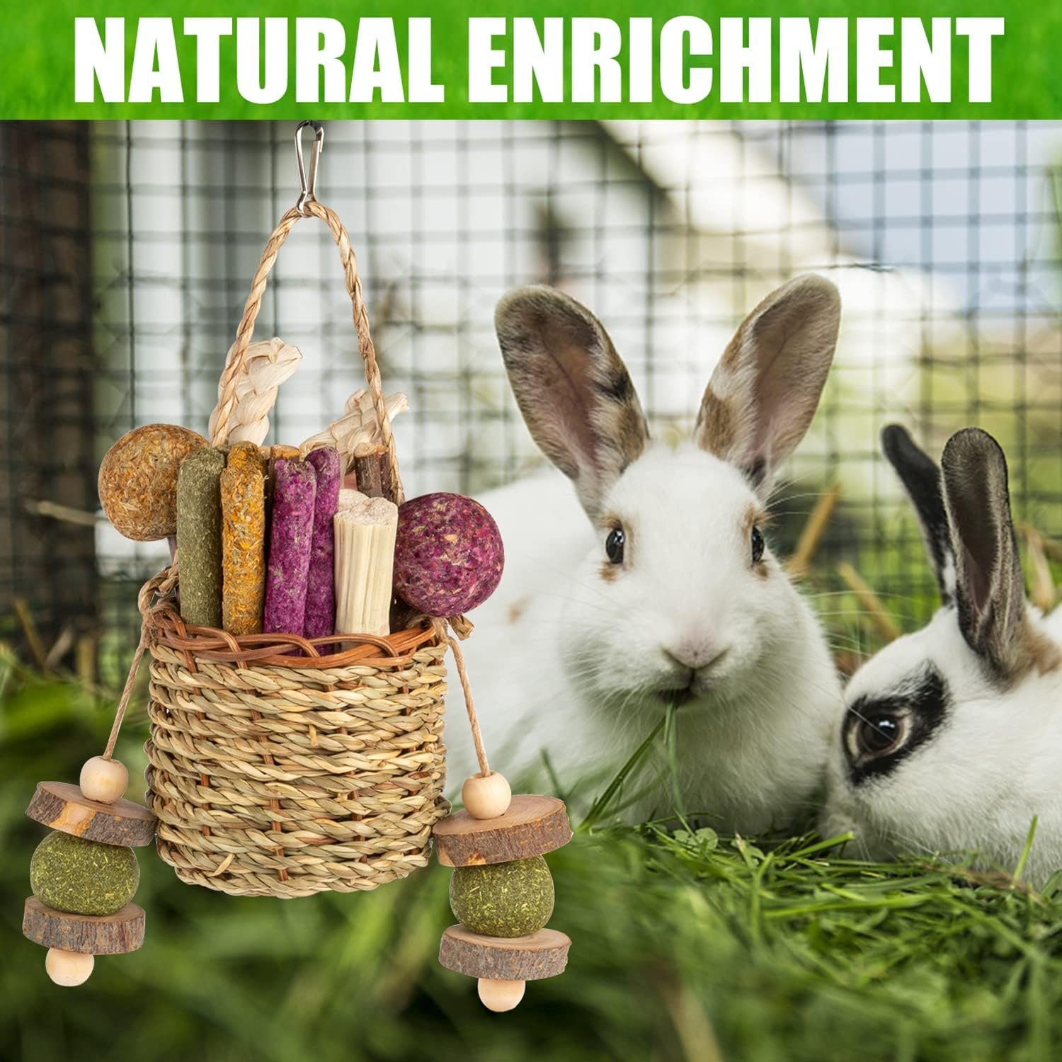 Sofier Rabbit Toys Bunny Toys Hamster Toys Guinea Pig Toys Natural Seagrass Hanging Basket with Timothy Hay Treats Handmade Chew Toys for Teeth Enrichment Chinchilla Rat - Image 6