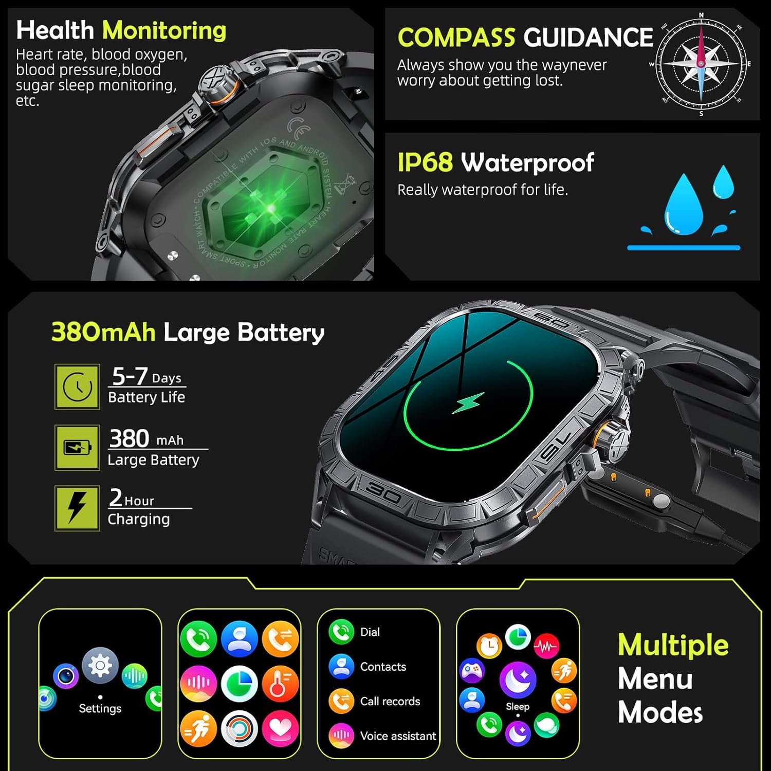 Smart Watches for Men 1.96” Big Screen AMOLED Always On Display Answer Call Fitness Tracker with Heart Rate Sleep Monitor Pedometer Full Touchscreen Tactical Smartwatch Compatible for iPhone Android - Image 9