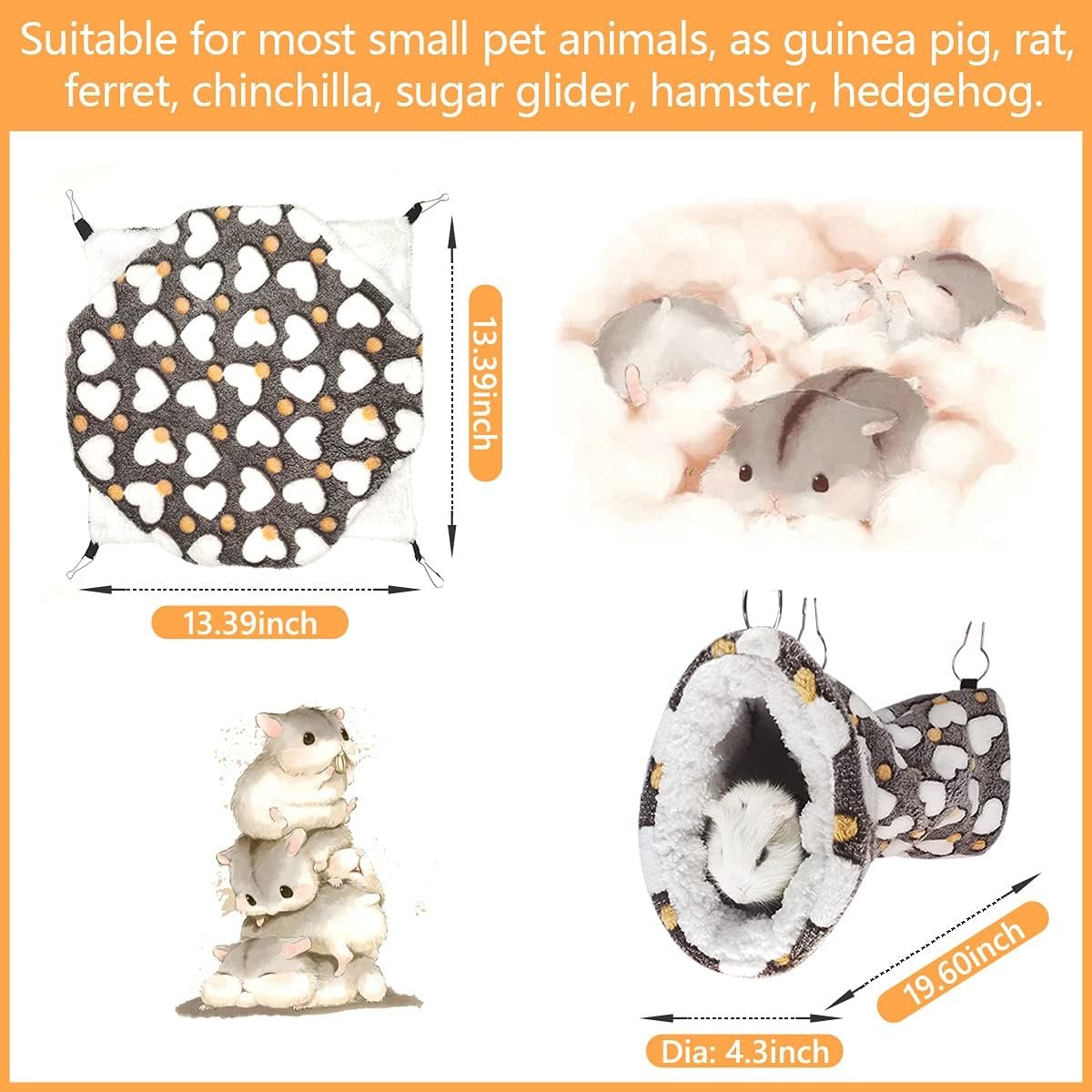 LEFTSTARER Cashmere Pet Bed Mat and Toy, Heart-Brown Ferret Guinea Pig Hammock Toy Small Animal Cage Accessories, 19.7x5.9in Hanging Tunnel & 13.39x13.39in Bunkbed Hammock - Image 3