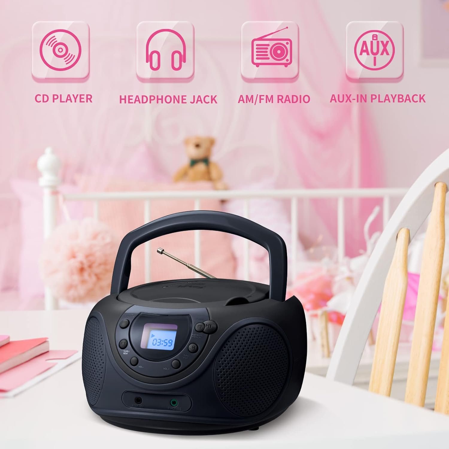 hPlay Gummy P16 Portable CD Player Boombox AM FM Digital Tuning Radio, Aux Line-in, Headphone Jack, Foldable Carrying Handle (Space Grey) - Image 4