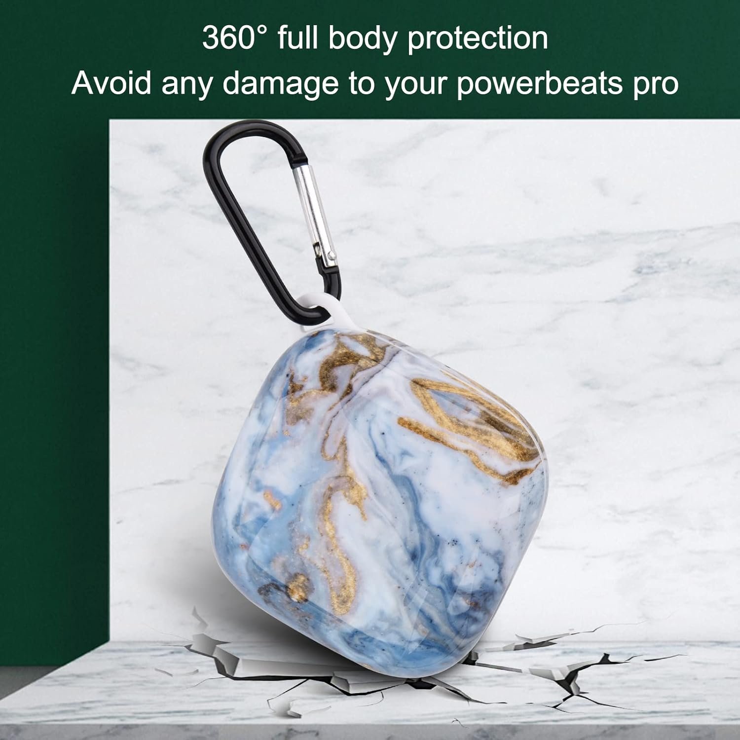 Case Compatible with Powerbeats Pro Case Cover, Upgraded Anti-Lost & Shockproof Protective Case with Carabiner for Beats Powerbeats Pro (Marble Blue) - Image 4