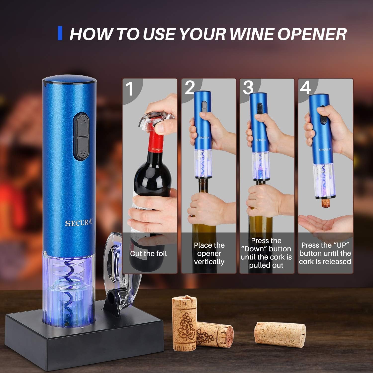 Secura Electric Wine Opener, Automatic Electric Wine Bottle Corkscrew Opener with Foil Cutter, Rechargeable (Blue) - Image 4