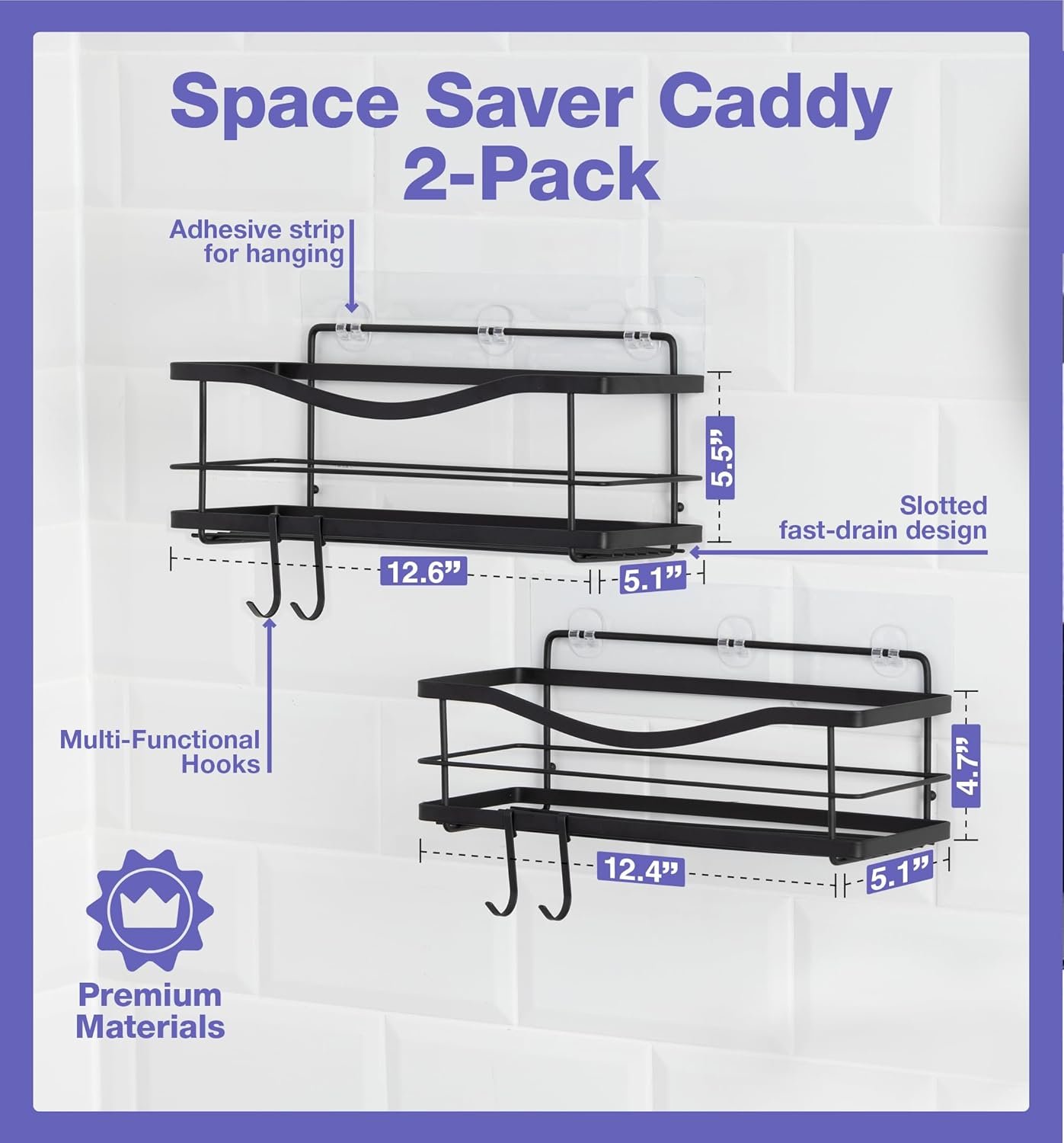 KINCMAX Premium Shower Caddy, Self Adhesive Wall Shower Organizer, 2-Pack No Drill Bathroom Shower Shelves for Inside Shower, Rustproof Stainless Steel Shampoo Holder, Shower Storage Rack, Matte Black - Image 3