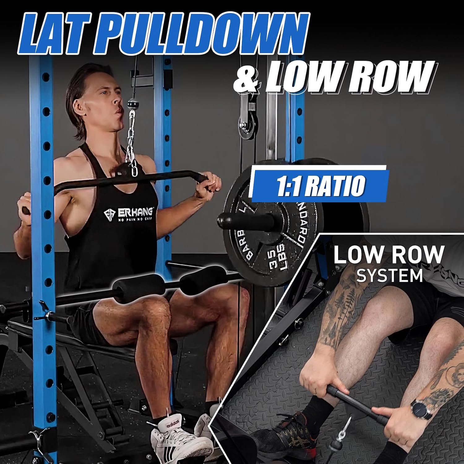 ER KANG Power Cage, Power Rack with LAT Pulldown, Multi-Functional Squat Rack, Squat Cage with More Training Attachments for Home Gym(Blue) - Image 4