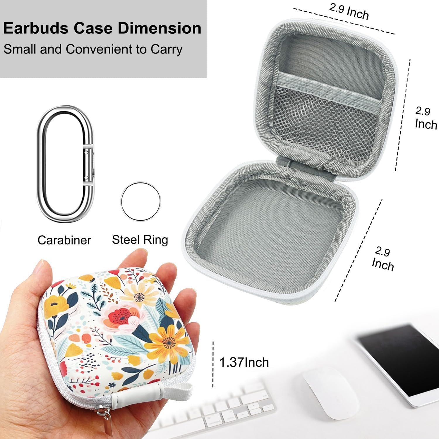 Square Earbud Case, Headphone Organizer Ear Bud Case Portable EVA Carrying Case Storage Bag with Carabiner for AirPods 4 Airpods Pro 2 Beats Bose Galaxy Buds 3 Data Cable Storage (Blooming Floral) - Image 4
