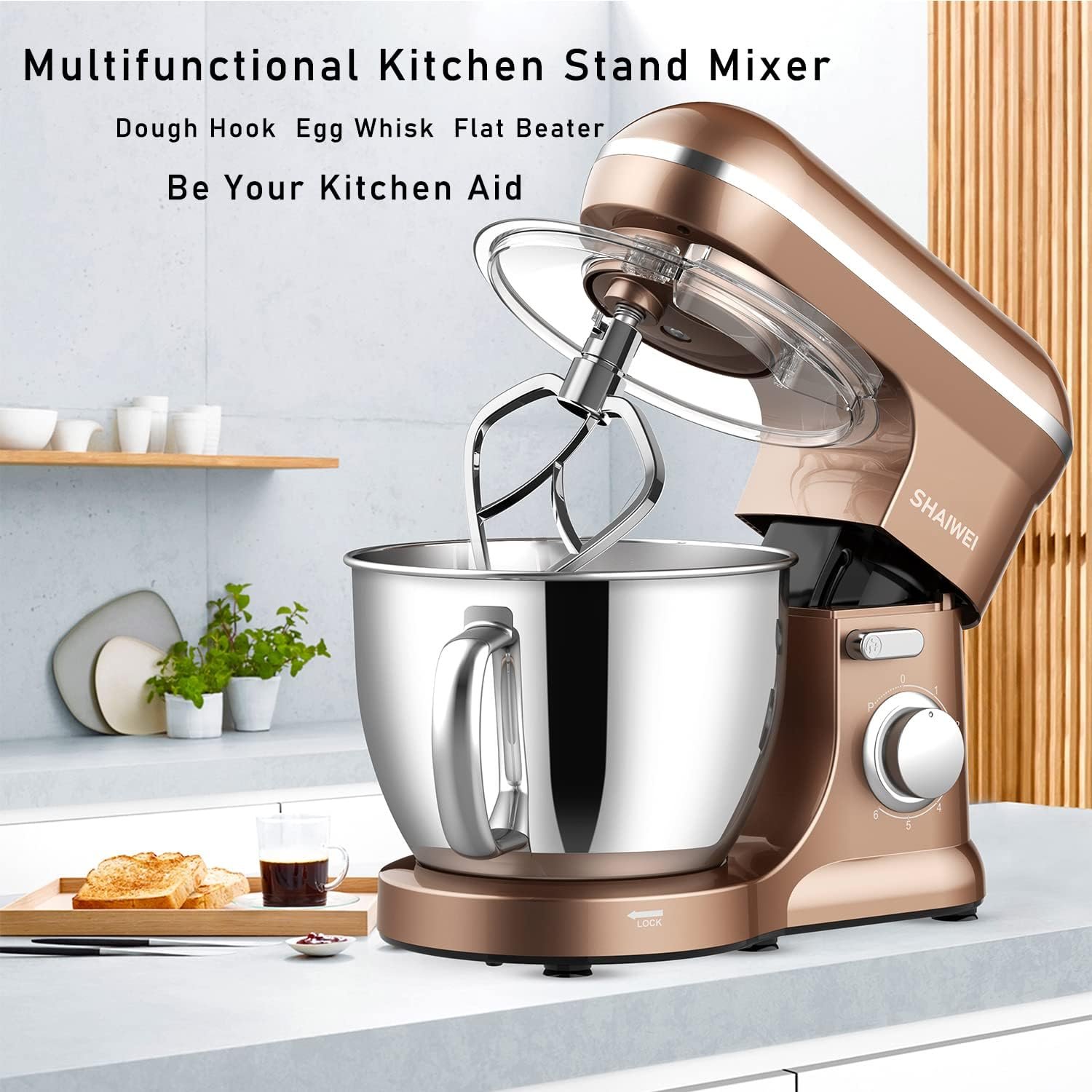 Kitchen Stand Mixer, 6.5 Quart, 6 Speed Tilt-Head Kitchen Mixer, Electric Food Mixer with Dough Hook, Wire Whip, Beater, Gold - Image 3