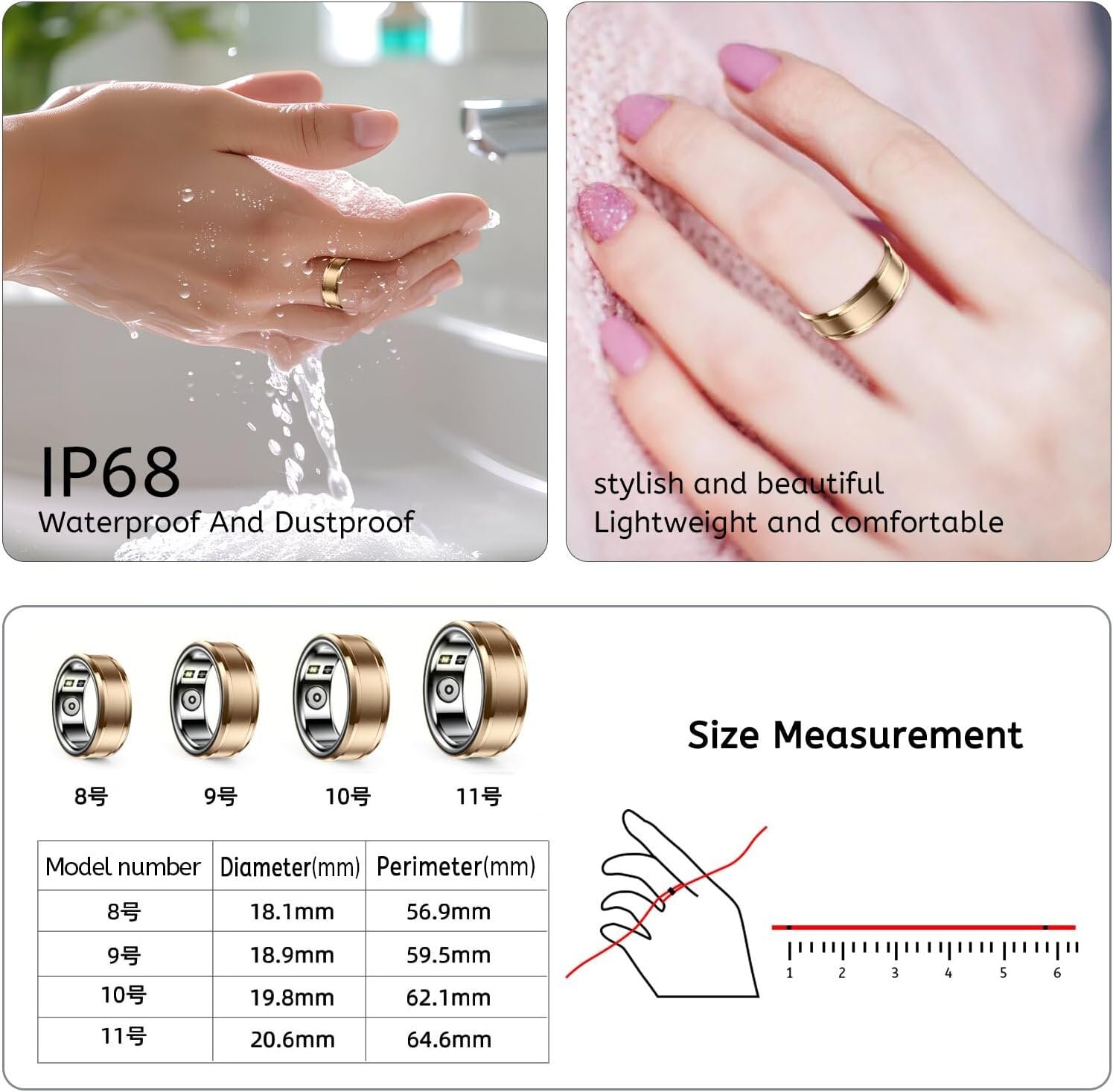 Smart Ring, Smart Ring Health Tracker, IP68 Waterproof Fitness Tracker Ring, No App Subscription with Heart Rate, Blood Oxygen, and Activity Tracking (Silver, 9#) - Image 8