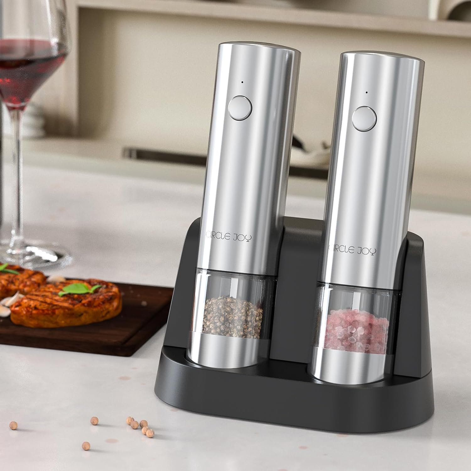 CIRCLE JOY Electric Salt and Pepper Grinder Set Stainless Steel Spice Grinder Automatic Pepper Mills with Easy-to-Carry Dual Charging Station, White Led Light, and Adjustable Coarseness, Silver - Image 9
