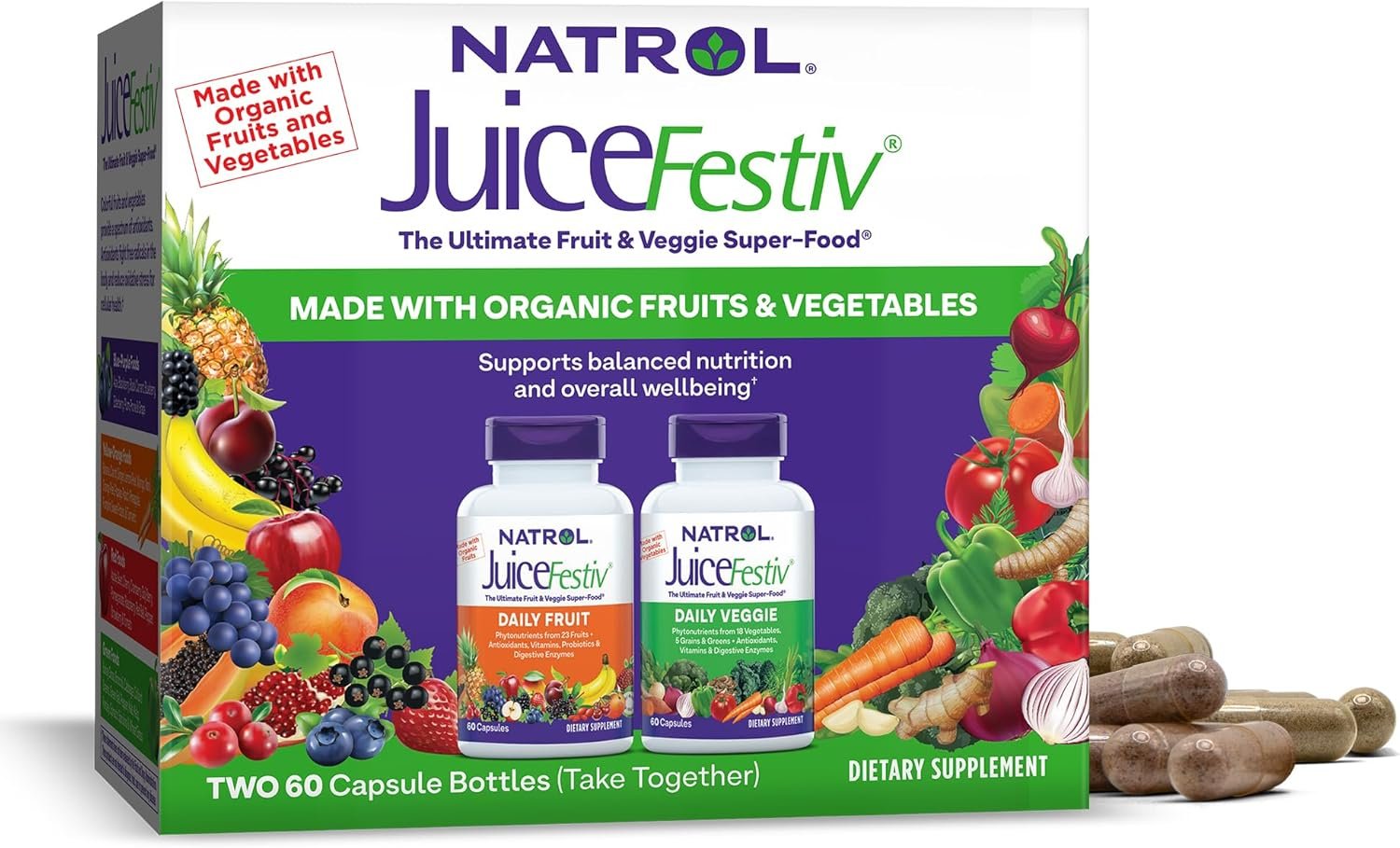 Natrol JuiceFestiv Pack, Daily Fruit and Veggie Capsules, Dietary Supplement Supports Balanced Nutrition, 120 Count, Pack of 2 - Image 2