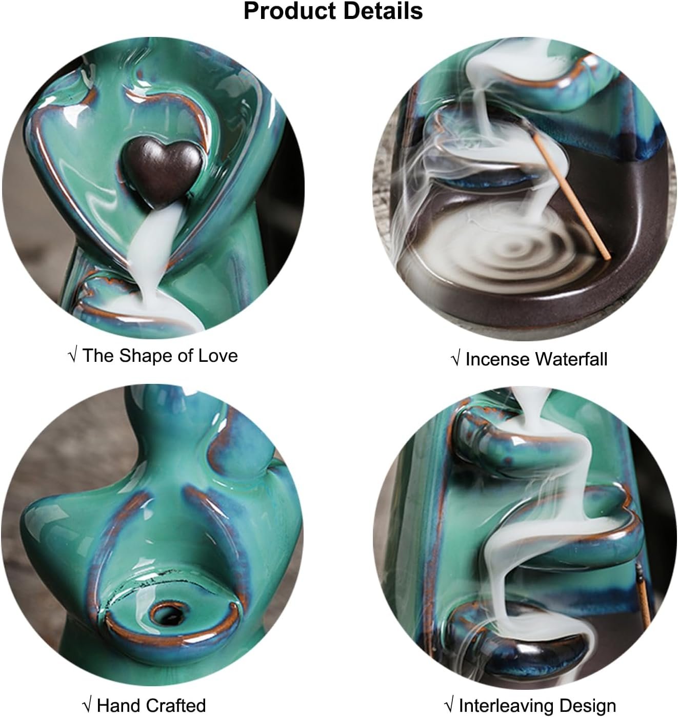 Ceramic Incense Holder, Creative Incense Waterfall Ornament, Backflow Incense Burner with 20 Backflow Incense Cones + 30 Incense Sticks, Zen Garden Yoga Meditation Home Decor - Image 6