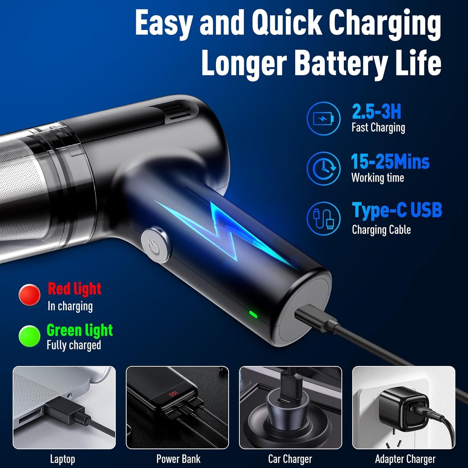 Mini Vacuum Cleaner, Portable Vacuum for Car, Handheld Vacuum Cordless Rechargeable with Brushless Motor, 12000Pa High Power 3 in 1 Sucking & Blowing Small Desk Vacuum for Car, Home, Office - Image 5