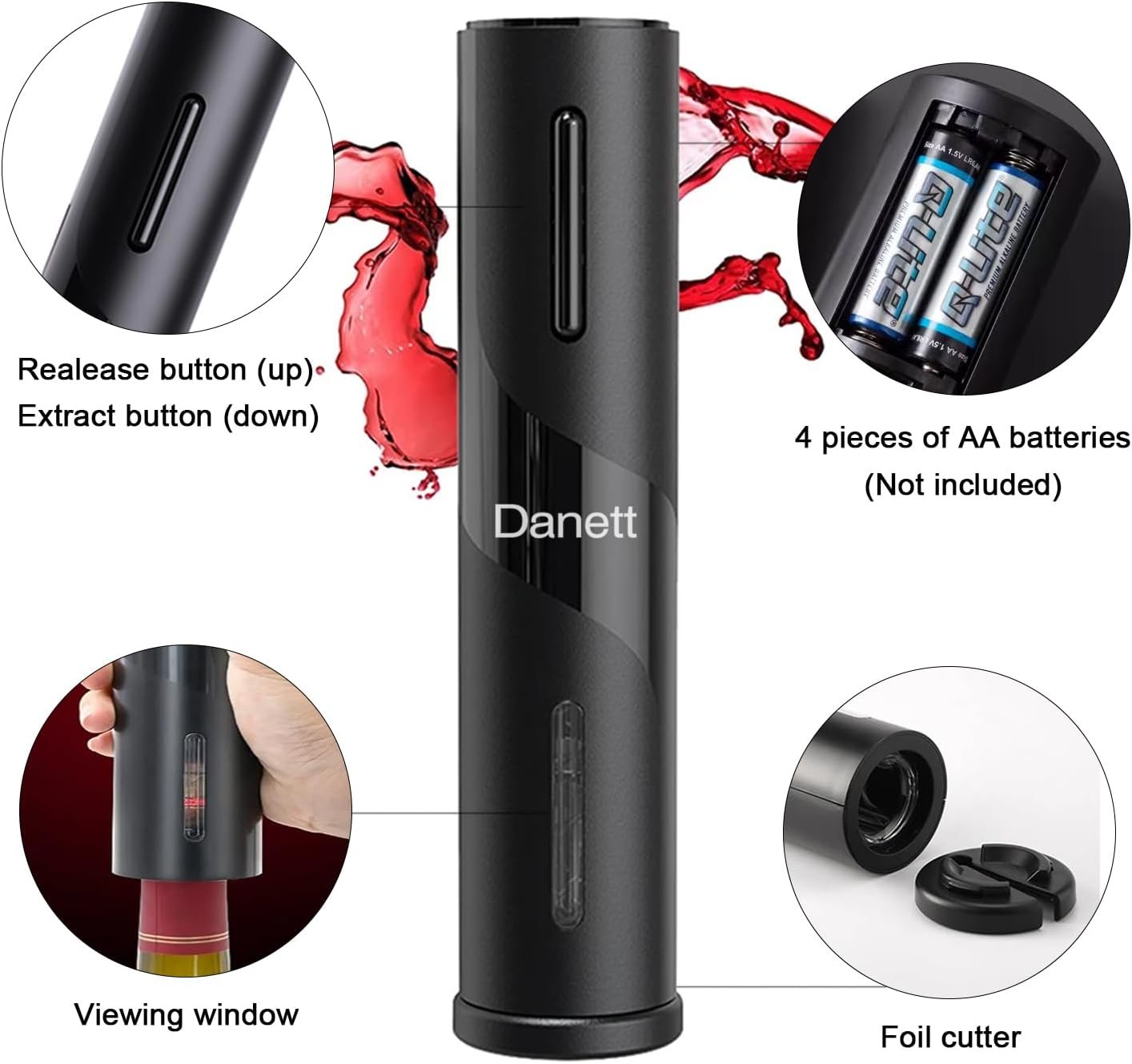 Electric Wine Opener Set - Automatic Corkscrew Opener with Foil Cutter, Pourer, and Vacuum Stoppers - Battery Operated - 4-in-1 Wine Accessories Kit-for Wine Lovers - Image 6